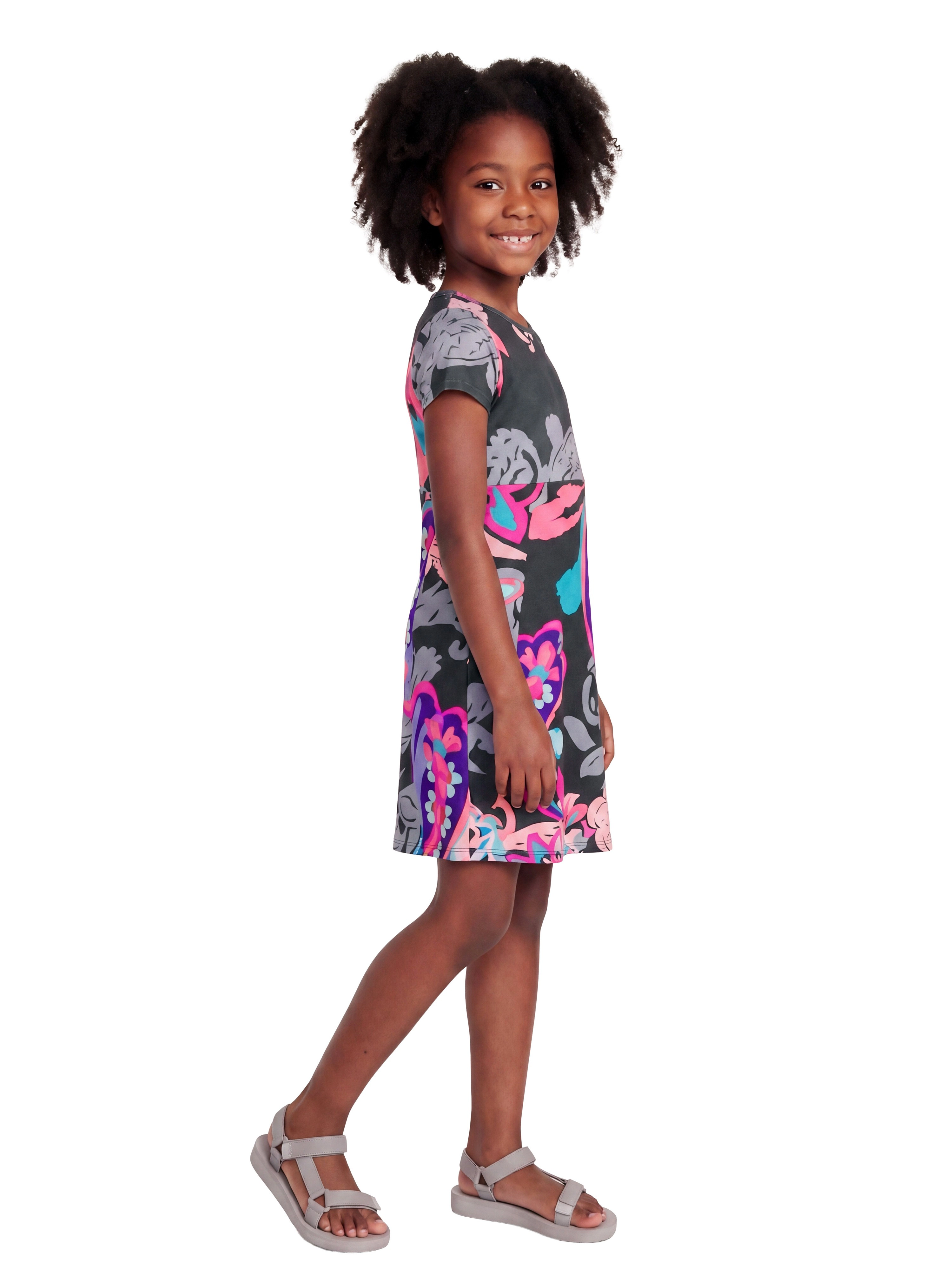 24sevenKid Essential Girls Black and Pink Paisley Fit Flare Knee Length Dress