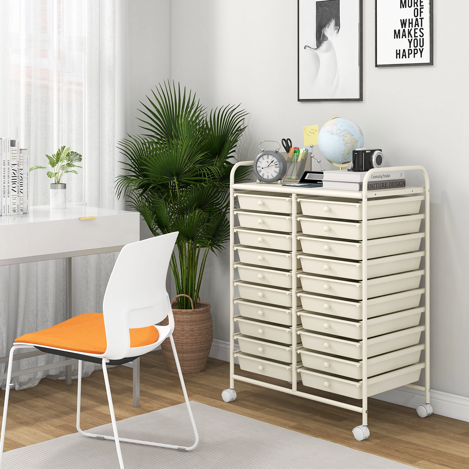SUGIFT Beige 20-Drawer Rolling Storage Cart Studio Organizer with Locking Wheels and Open Top Shelf