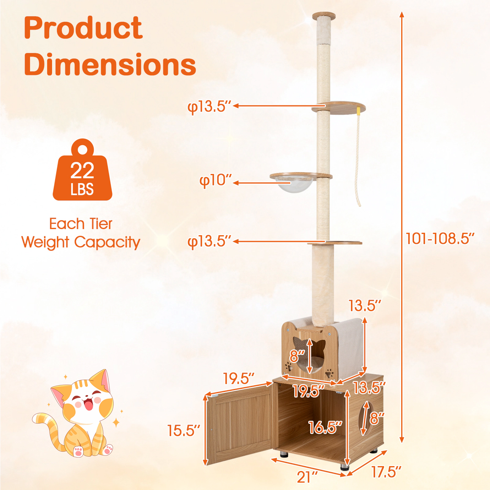 SUGIFT Height Adjustable Floor to Ceiling Cat Tree with Litter Box Enclosure 22-lb Capacity Green+Brown