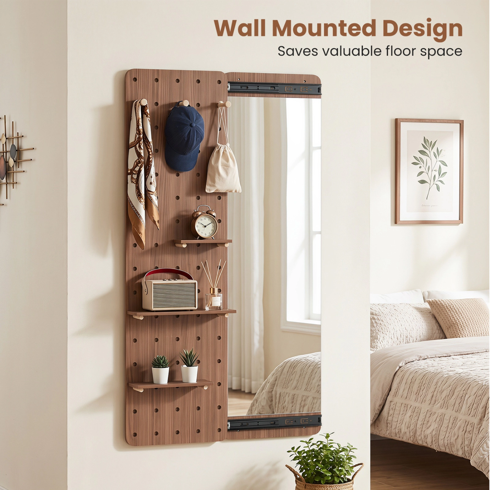 SUGIFT Full Length Mirror with Sliding Pegboard Shelves and Hooks Wall Mounted Entryway Storage Brown/Natural