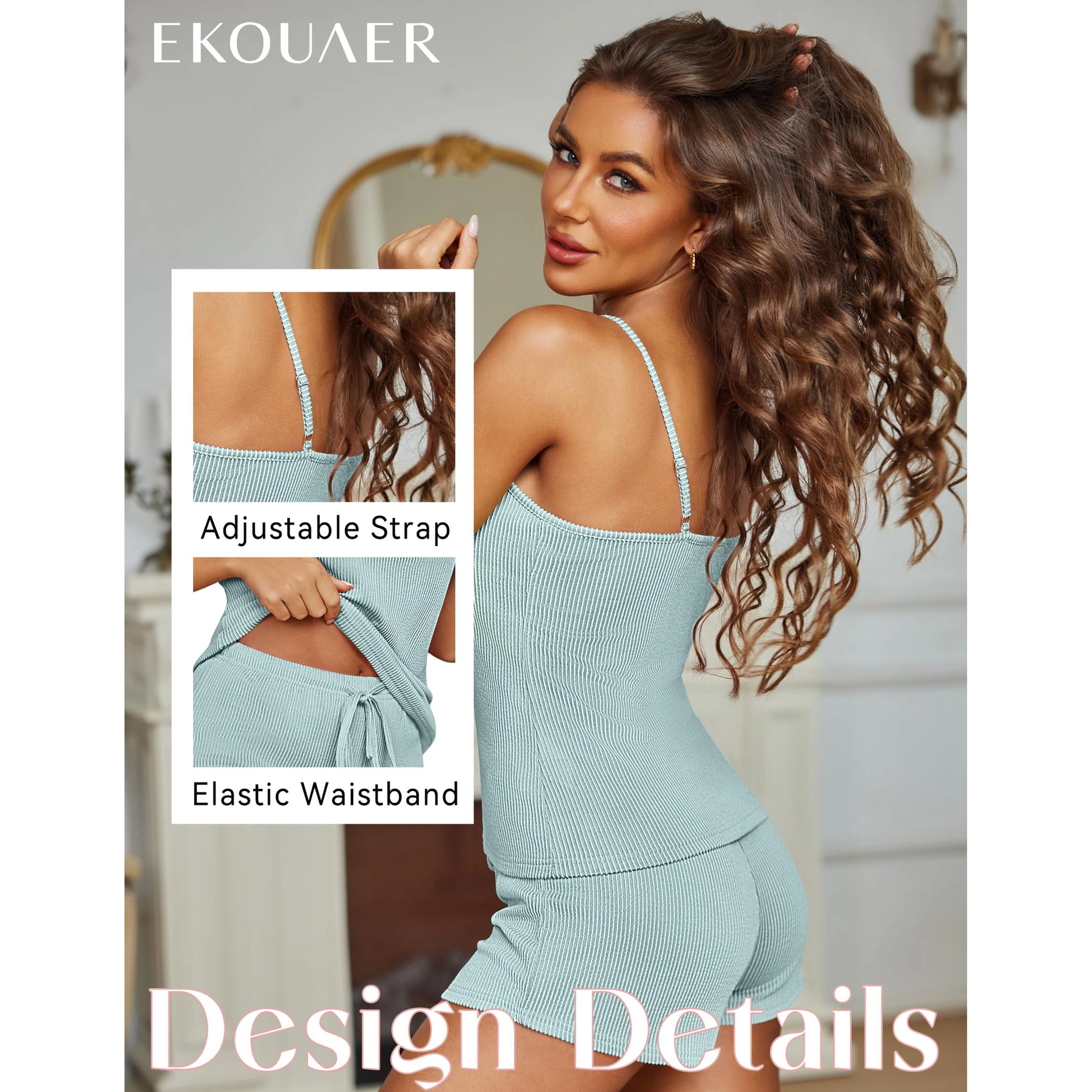 Ekouaer Pajama Sets for Women Lingerie Soft Pjs Two Piece Set U Neck Adjustable Strap Nightwear