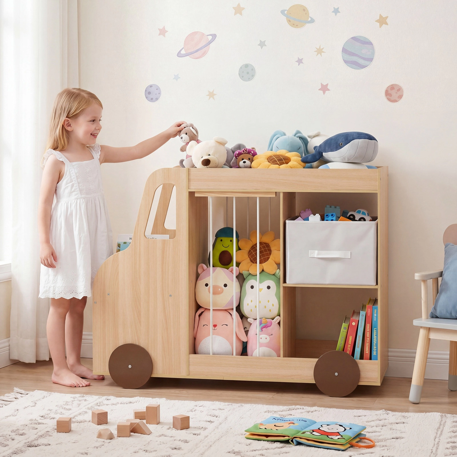 SUGIFT Natural 35-lb Shelf Car-Shaped Kids Toy Storage Organizer with Elastic Rope Stuffed Animal Storage