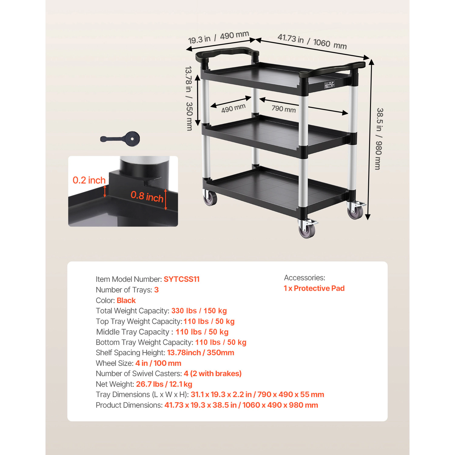 HONGGE 3-Tier Plastic Utility Cart, 330 lbs Capacity, Locking Swivel Wheels for Kitchen, Office & Warehouse