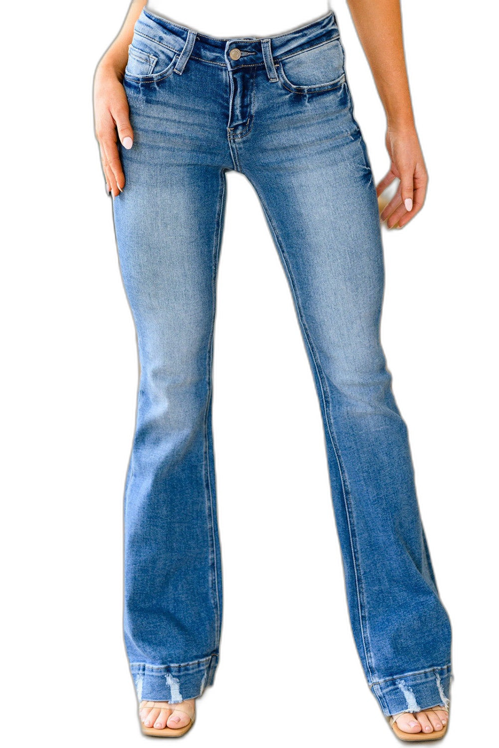 Sol Living Womens Sky Blue Slight Distressed Medium Wash Flare Jeans