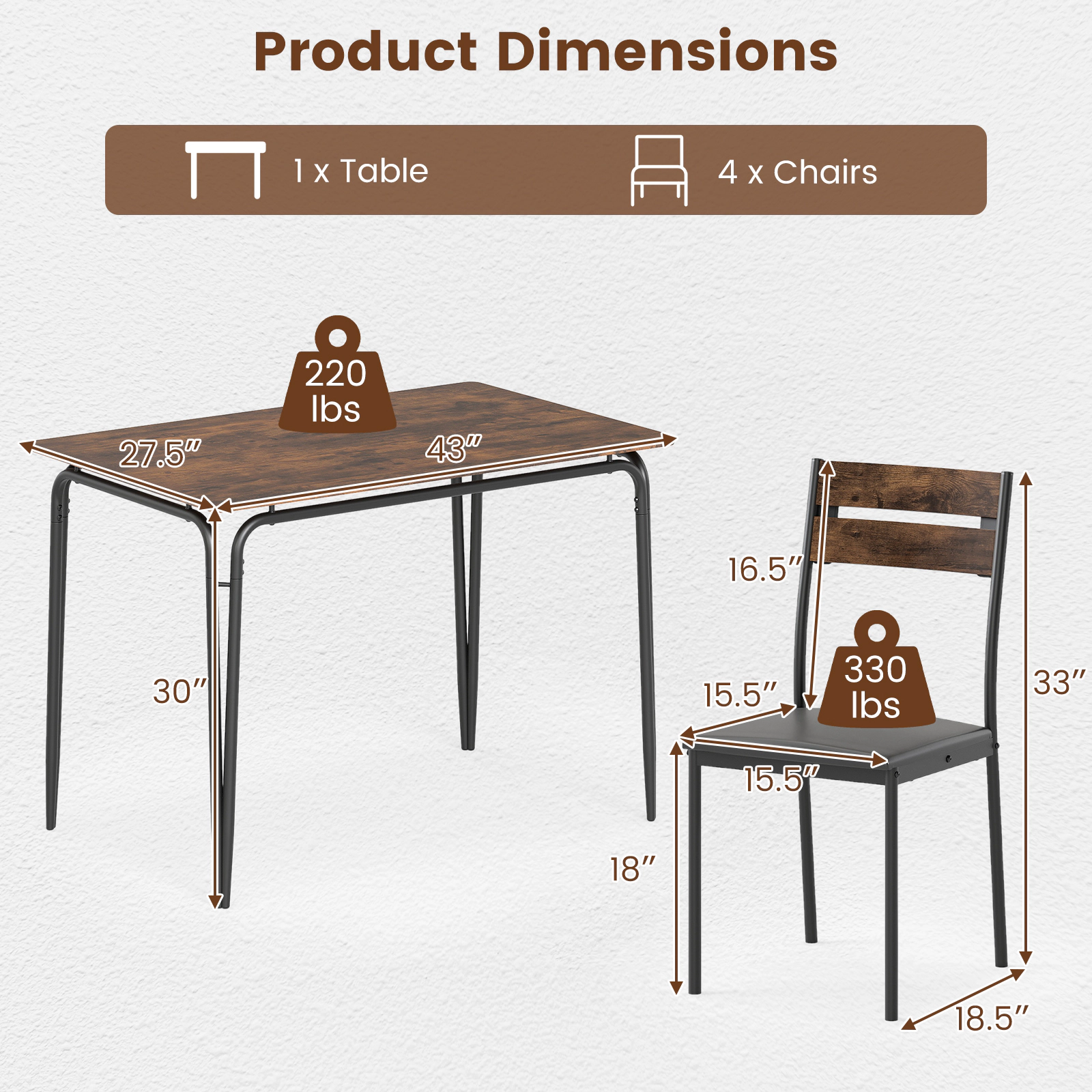 LJG 5-Piece Dining Table Set Industrial Rectangular Kitchen Table and 4 Armless Chairs