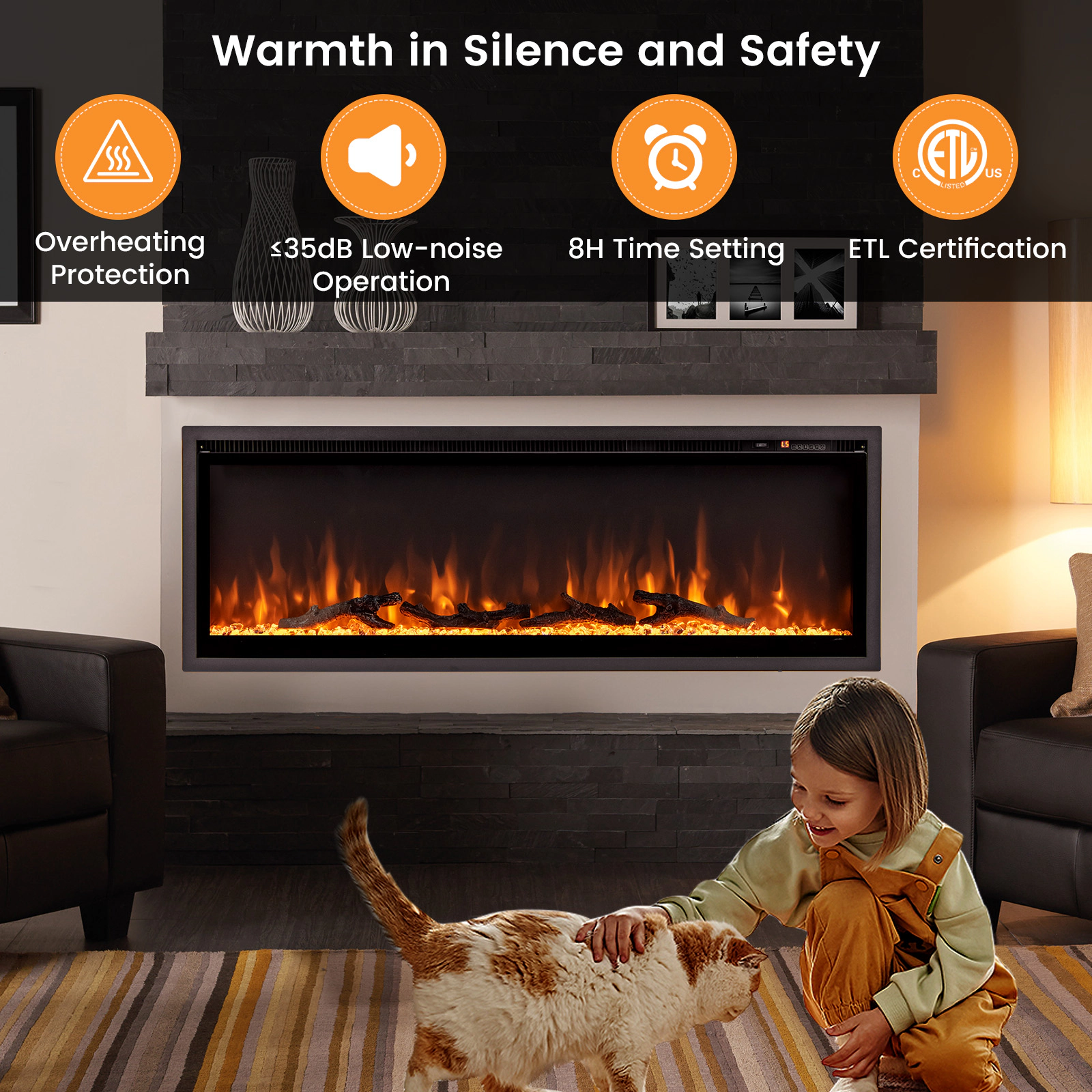 SUGIFT In-Wall Recessed Electric Fireplace with Remote Control 5000 BTU 750W/1500W Heater Black 50-in