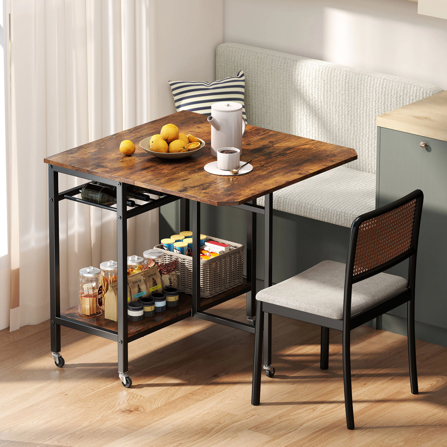 LJG Folding Dining Table with Expandable Laptop with Wine Rack and Wheels