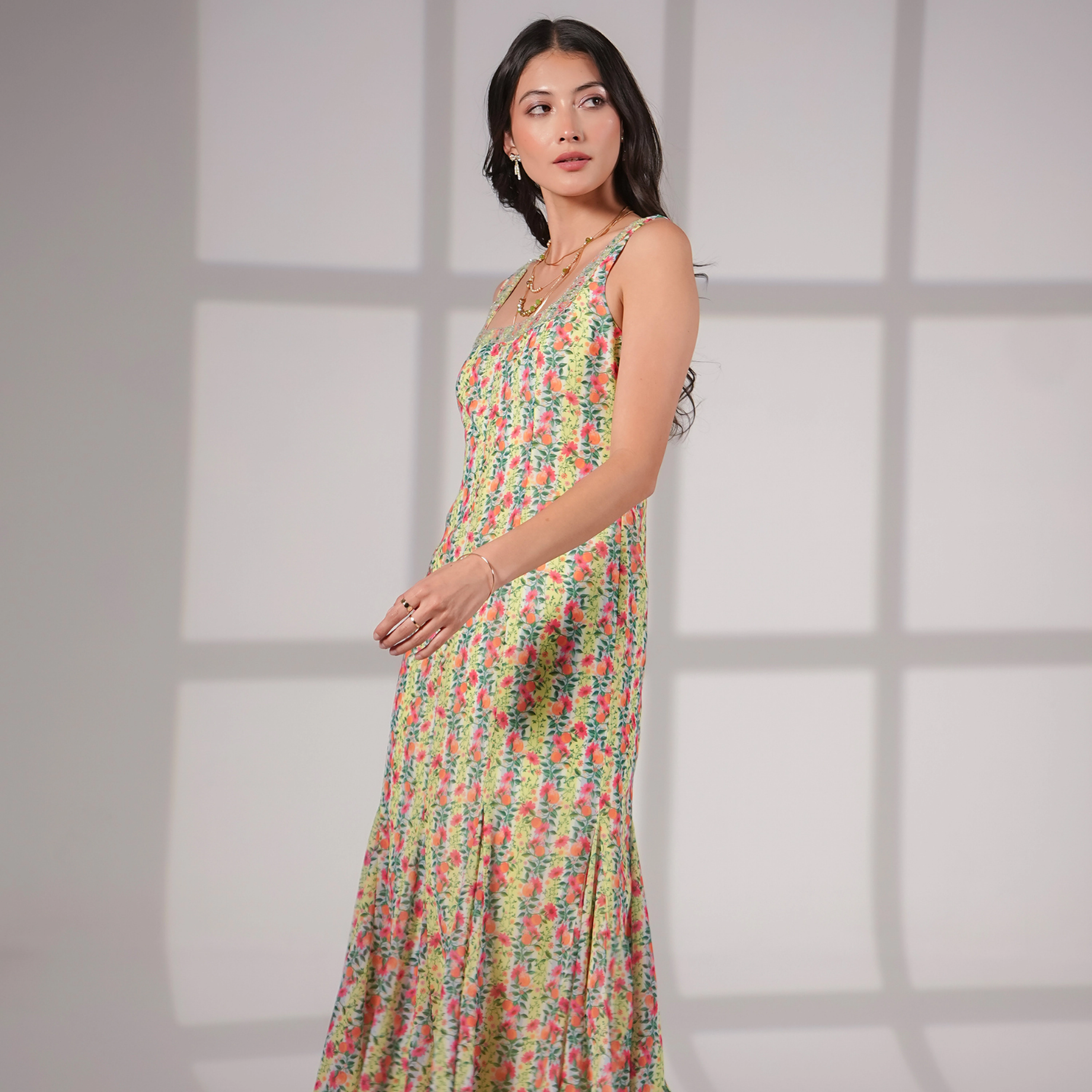 Rose & Nancy Women's Annie Fit and Flare Hand Embellished Yellow Pink Fruit Print Maxi Dress