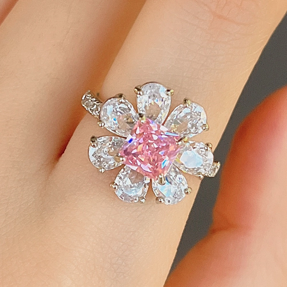 Romantic Flower Zircon Ring Fashion Pink Cherry Blossom Ring