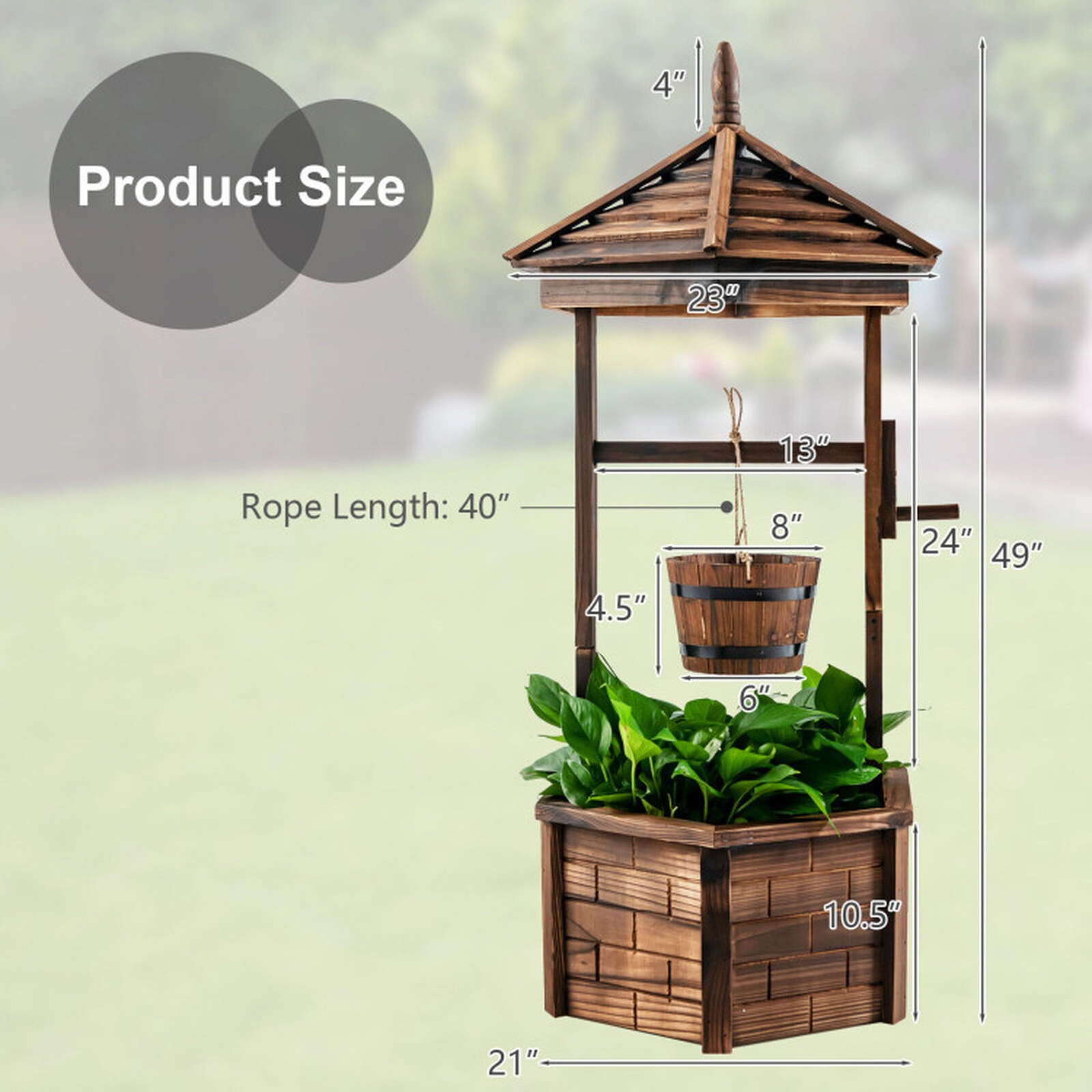 SUGIFT Brown Rustic Fir Wood Wishing Well Planter with Hanging Bucket 24.5-in W 24.5-in D 49-in H 21-in Base