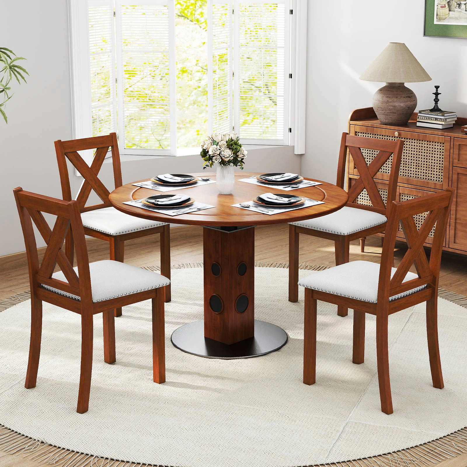 SUGIFT Wooden Dining Chair Set of 2 with Padded Seat and Curved X-Back 420-Lb Capacity Beige Brown