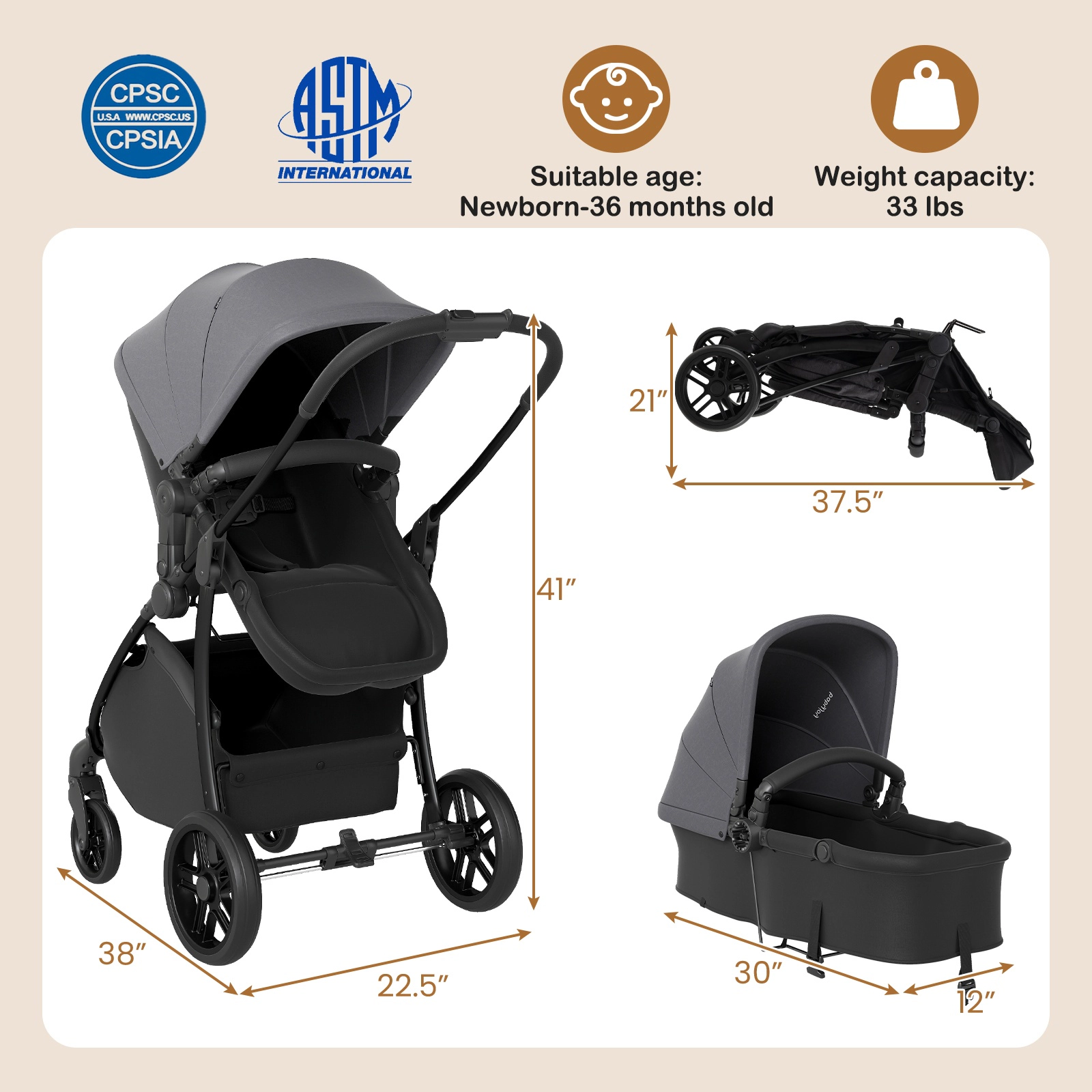 SUGIFT 2-in-1 Baby Stroller with Bassinet Mode and Reversible Seat 33-lb Capacity Ages 6-36 Months Black/Dark Gray