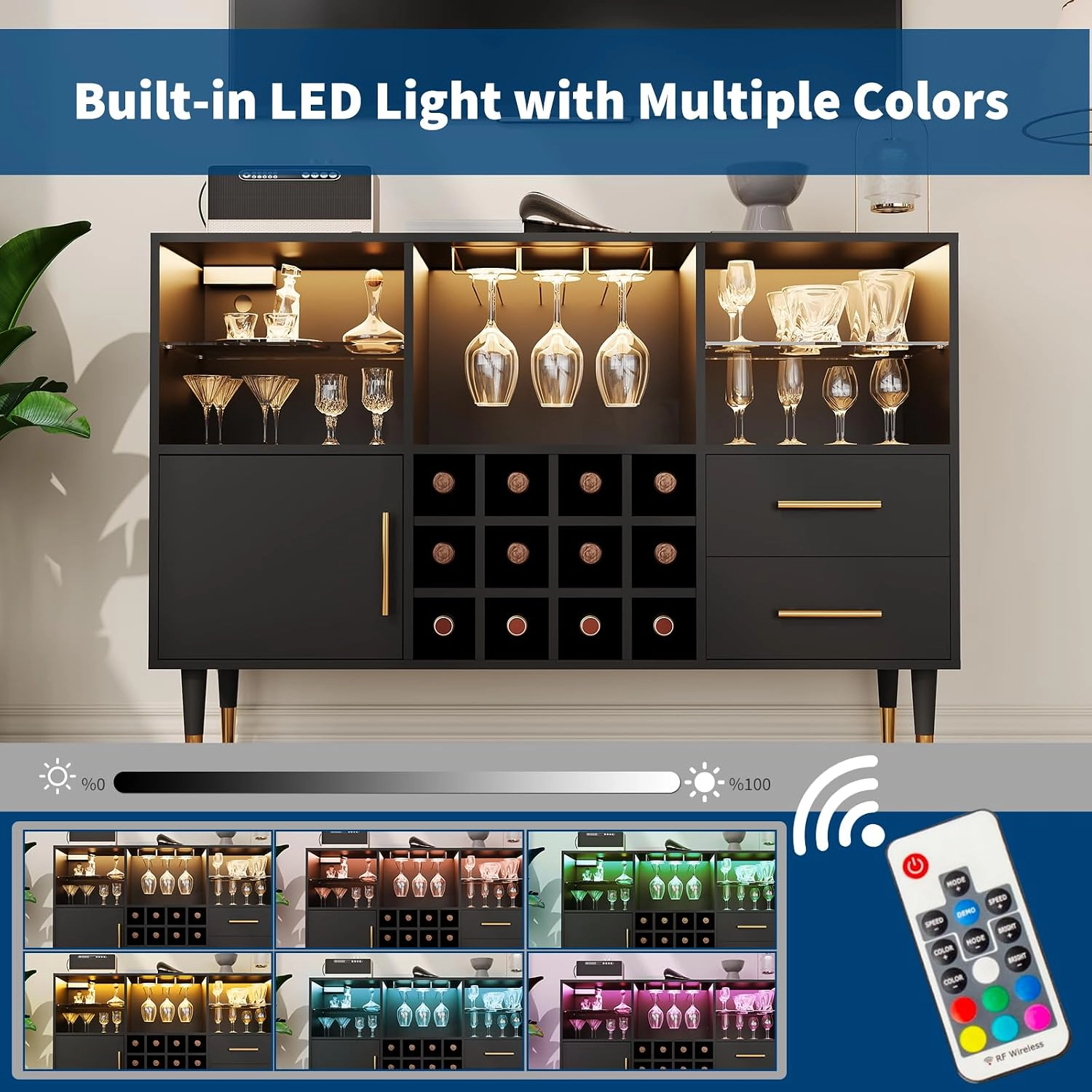 BebreezChic 47" Modern Wine Bar Cabinet w/ LED Light & Charging Station, Oak/Black