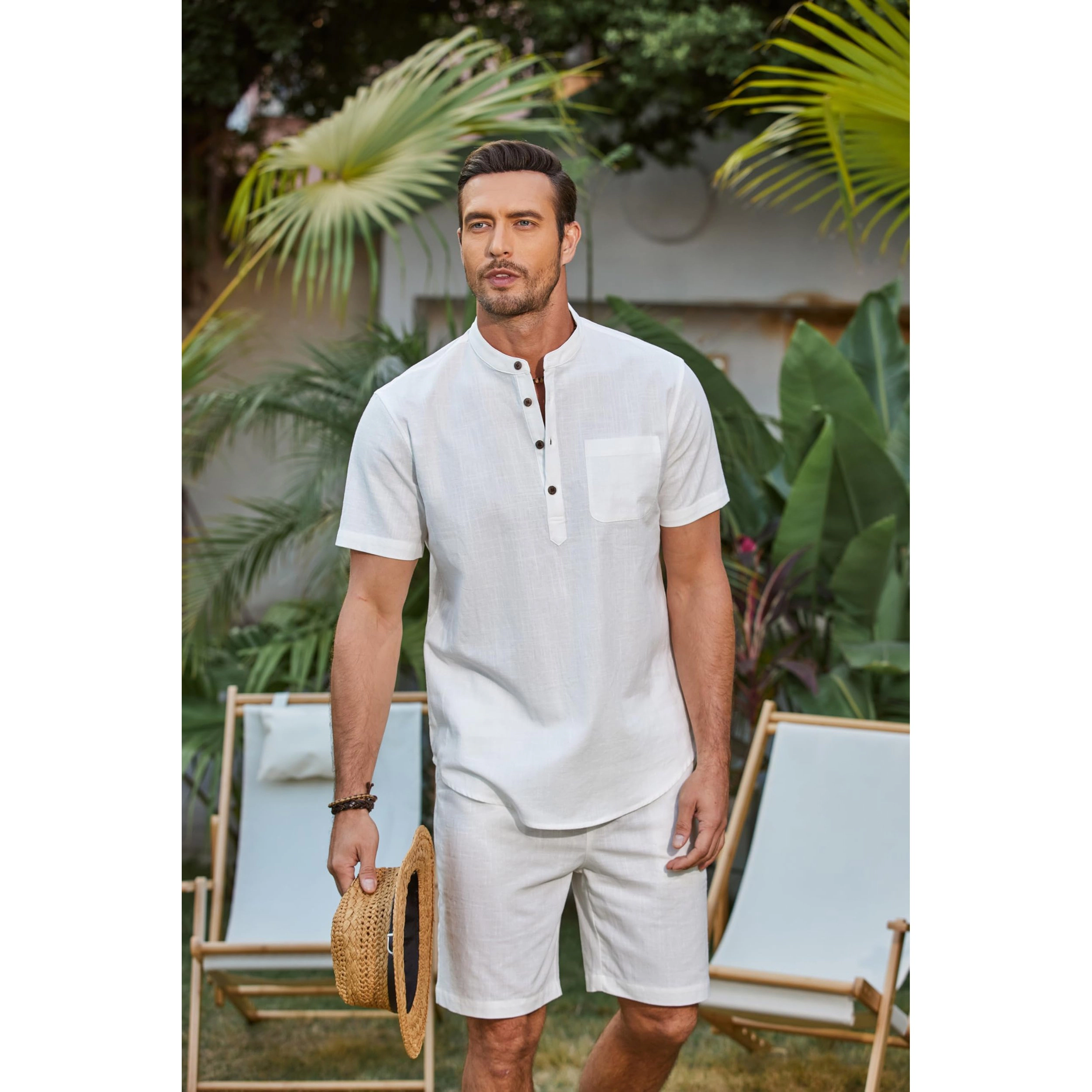 COOFANDY Men's Regular Fit Henley Neck Short Sleeve Shirt and Shorts Two Piece Set