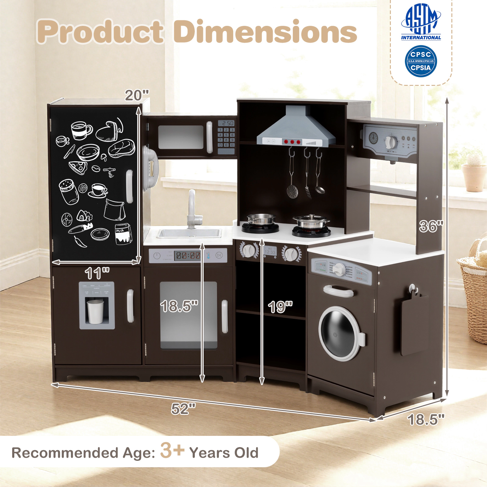 Corner Wooden Play Kitchen Lights and Sounds Ice Maker Chalkboard 52-in Kids Kitchen Playset Ages 3+ Espresso