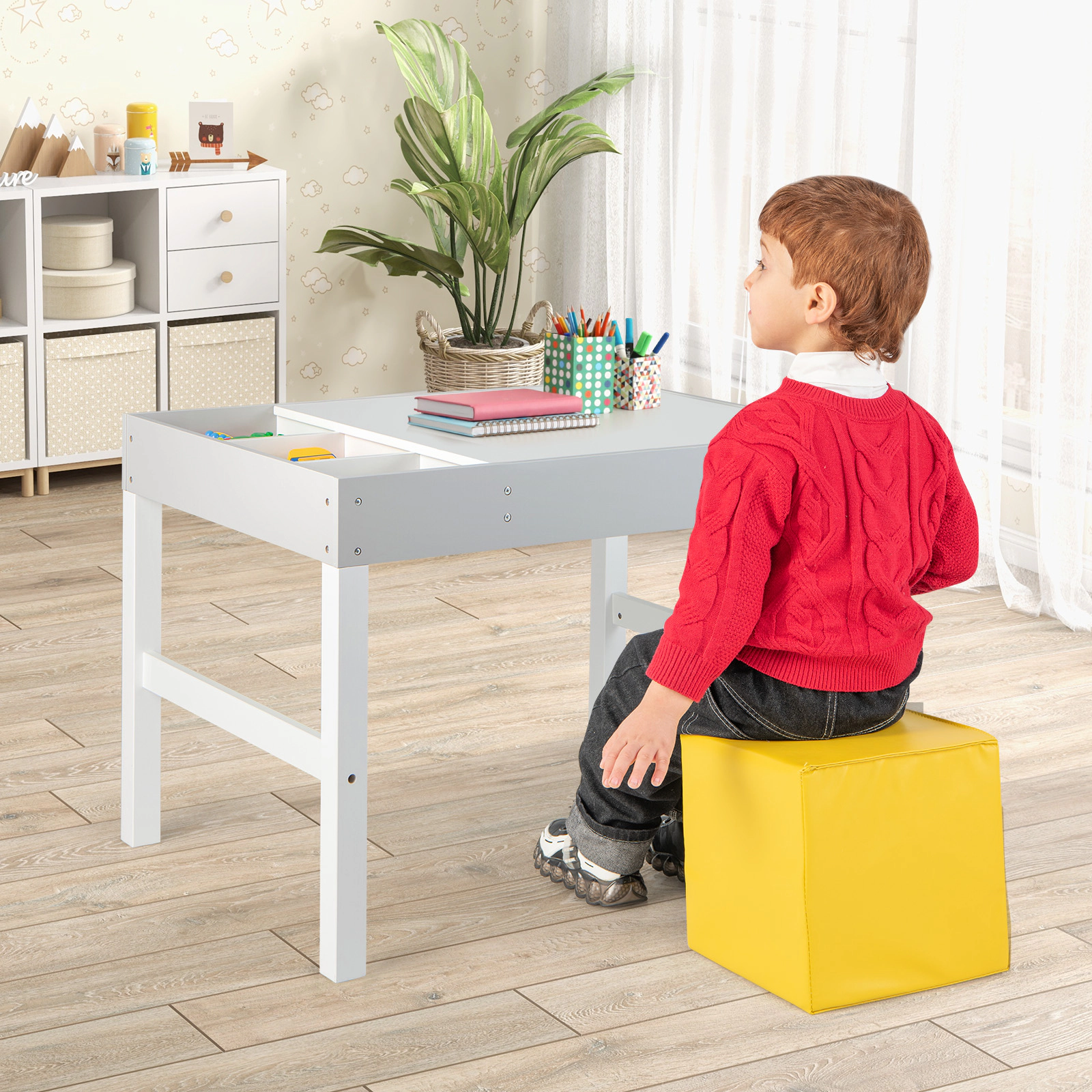SUGIFT 3-in-1 Wooden Kids Table Storage & Double-Sided Tabletop 44-lb Lid Capacity Ages 3+ 31.5-in Wide White & Gray