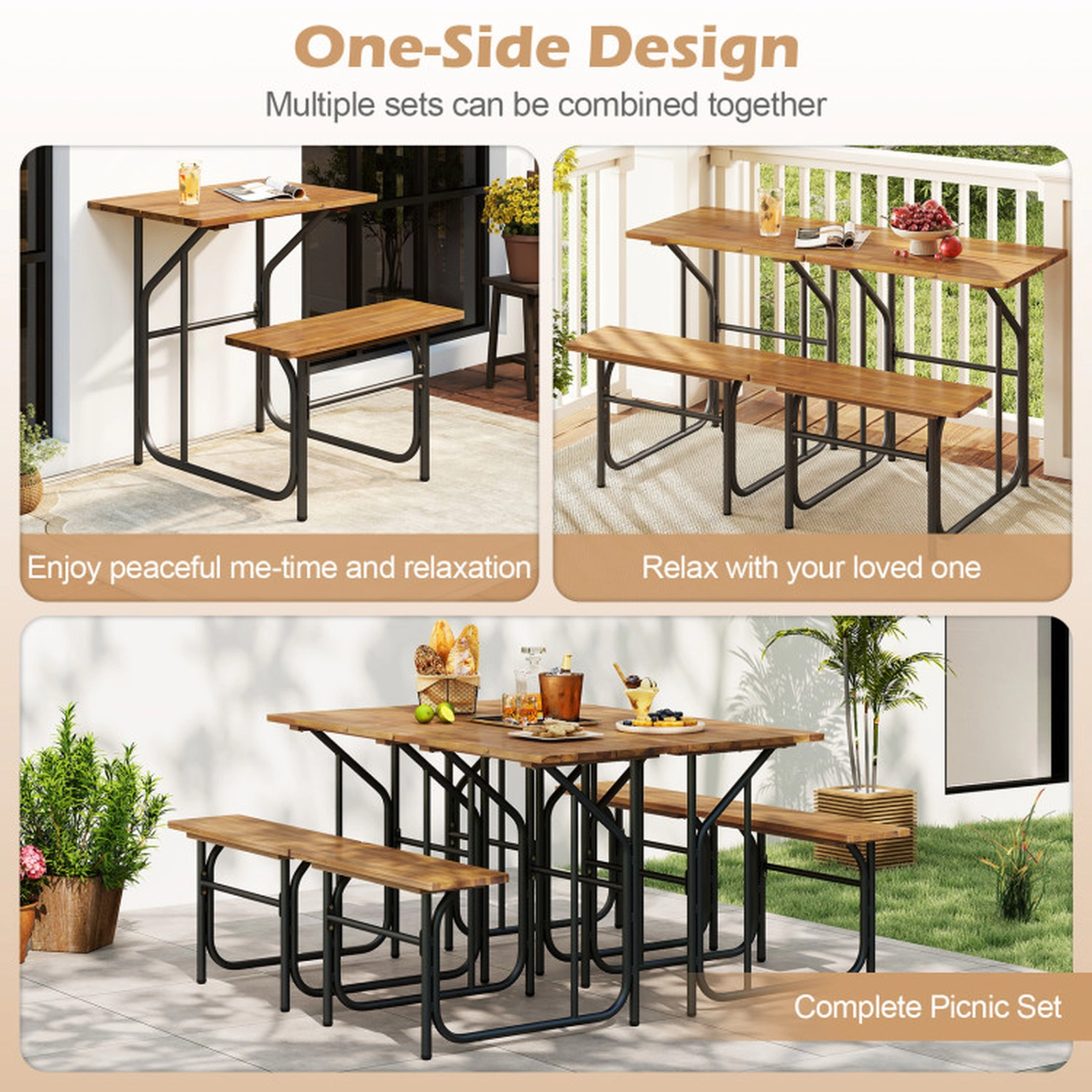 SUGIFT Single-Side Acacia Wood Patio Table and Bench Set 180-lb Tabletop 400-lb Bench Black + Natural