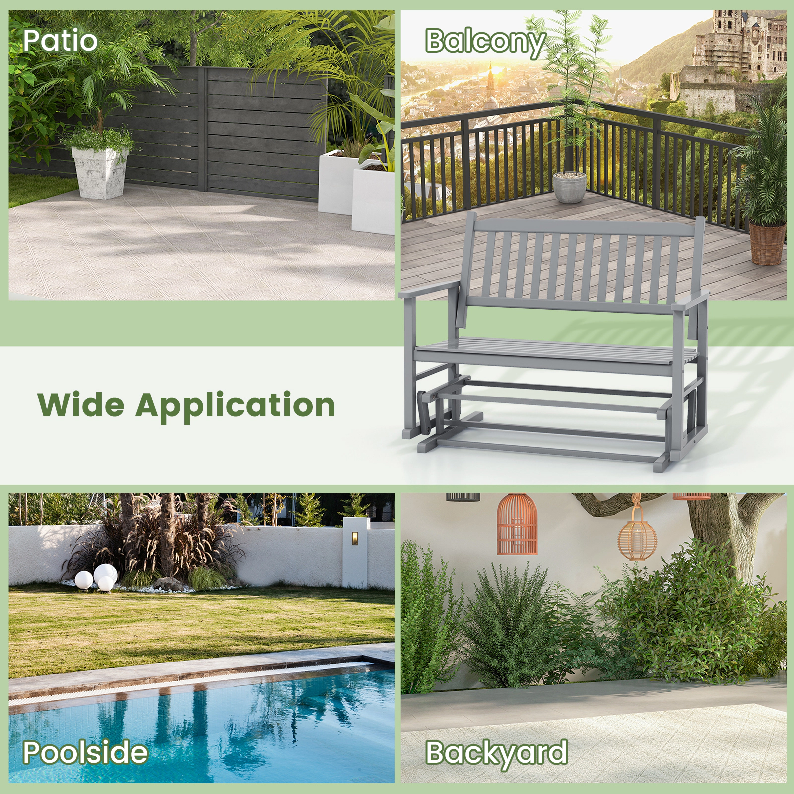 SUGIFT 2-Seat Poplar Wood Outdoor Glider Bench with Armrests and Slatted Seat 500-lb Capacity Gray