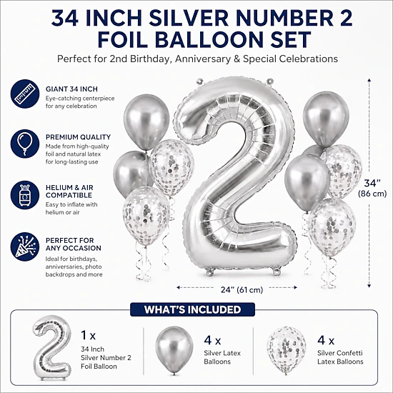 LoonBalloon Silver Number 2 Foil Balloon Set with 8 Silver and White ...