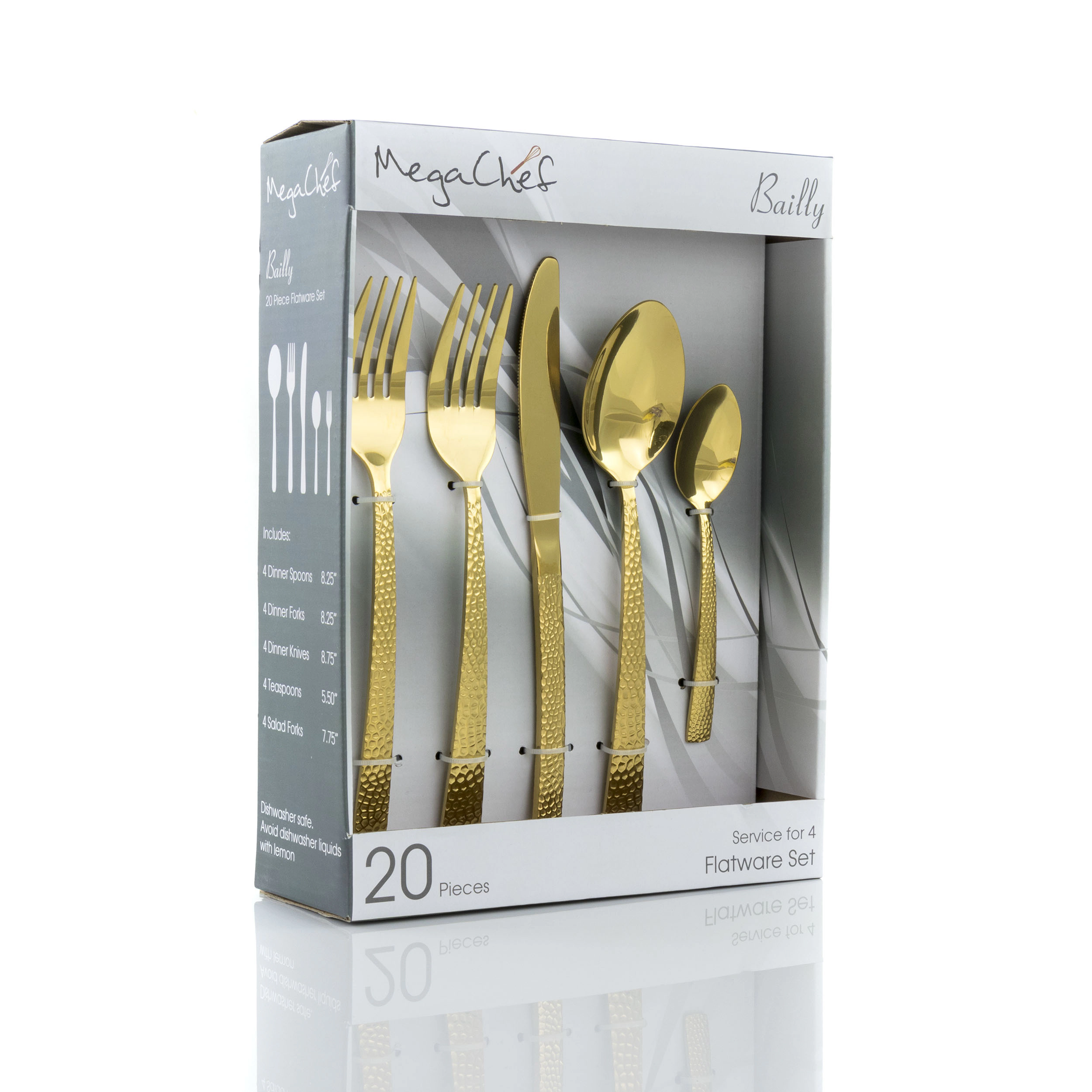 MegaChef Baily 20 Piece Flatware Utensil Set, Stainless Steel Silverware Metal Service for 4 in Gold