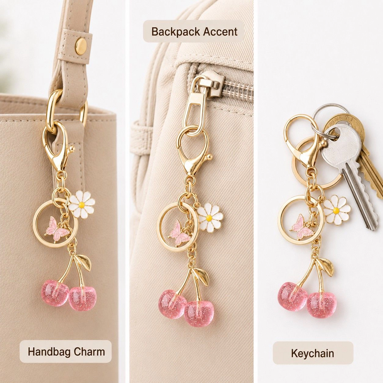 Alilang Women's Cherry Bag Charm Keychain with Daisy and Butterfly Accents Gold-Tone Clip, Pink