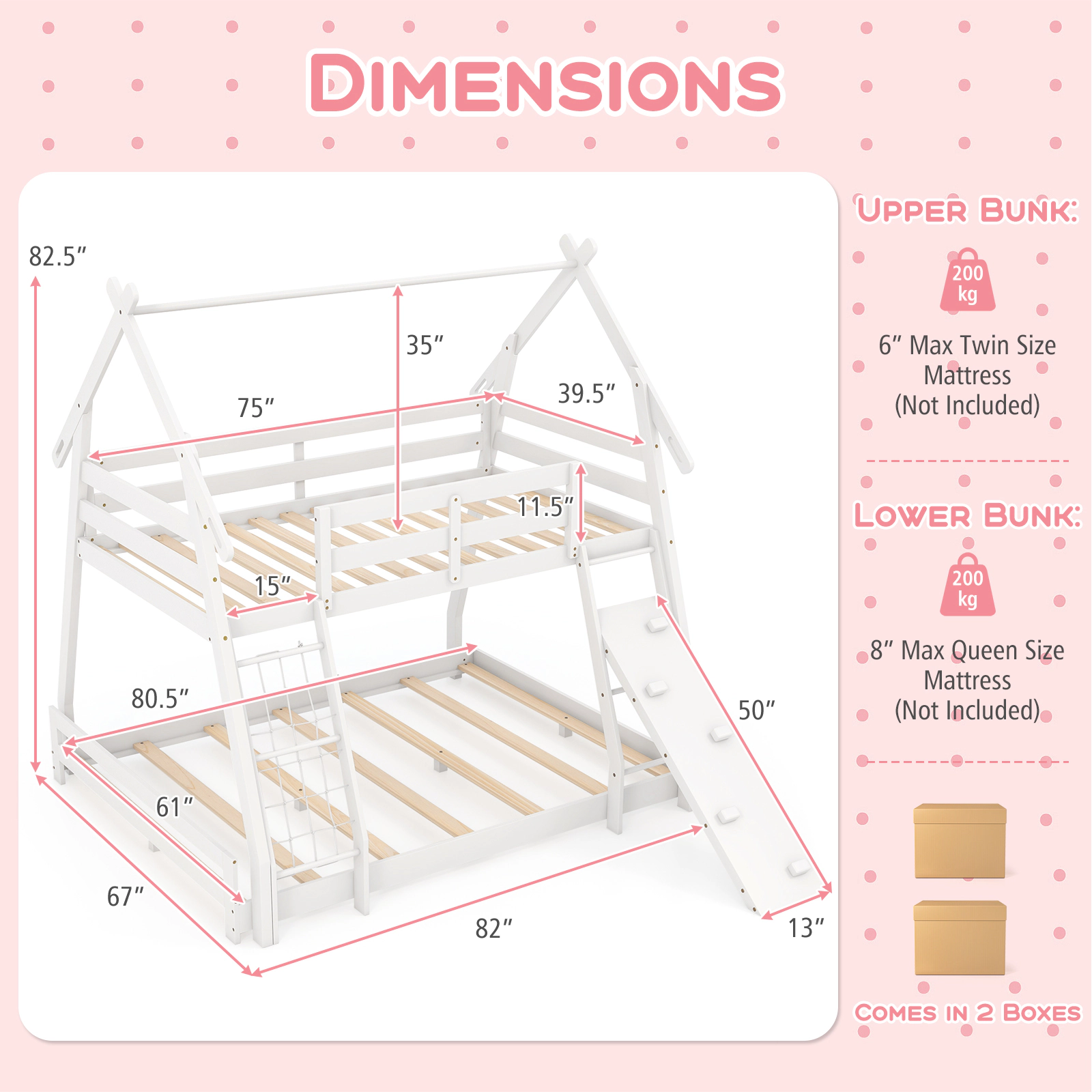SUGIFT White Climbing Net Ramp and Guardrails Twin Over Queen Kids Bunk Bed
