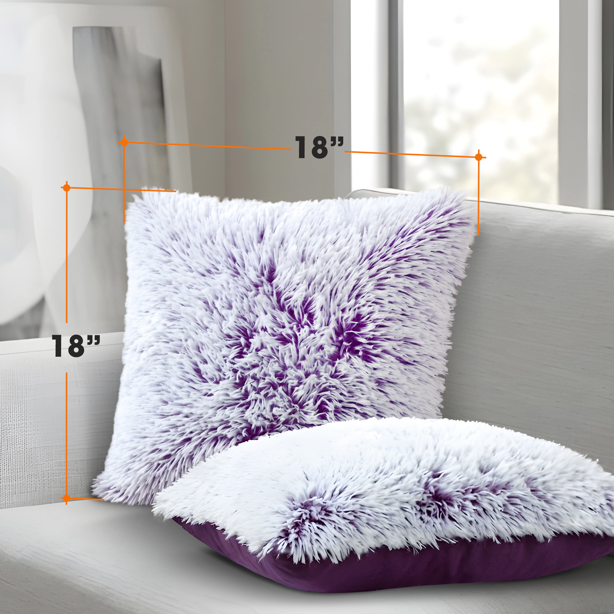 Cheer Collection 18-Inch Blue Long Hair Shaggy Faux Fur Square Throw Pillows with Inserts, 2-Pack