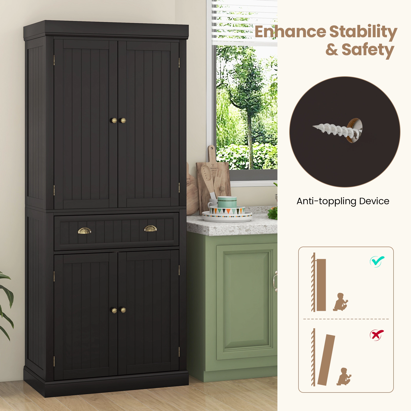 SUGIFT 72-in Tall Black Kitchen Pantry Cabinet with 4 Doors Adjustable Shelves and Freestanding Cupboard