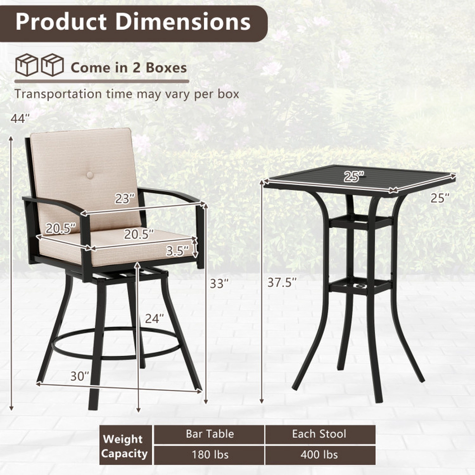 SUGIFT 3-Piece Black Outdoor Patio Bar Set with 360-Degree Swivel Stools and Square Table