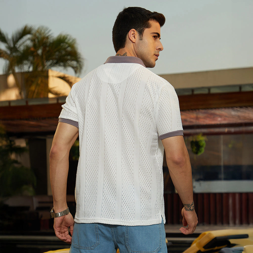 Contrast Open-Knit Polo T-Shirt