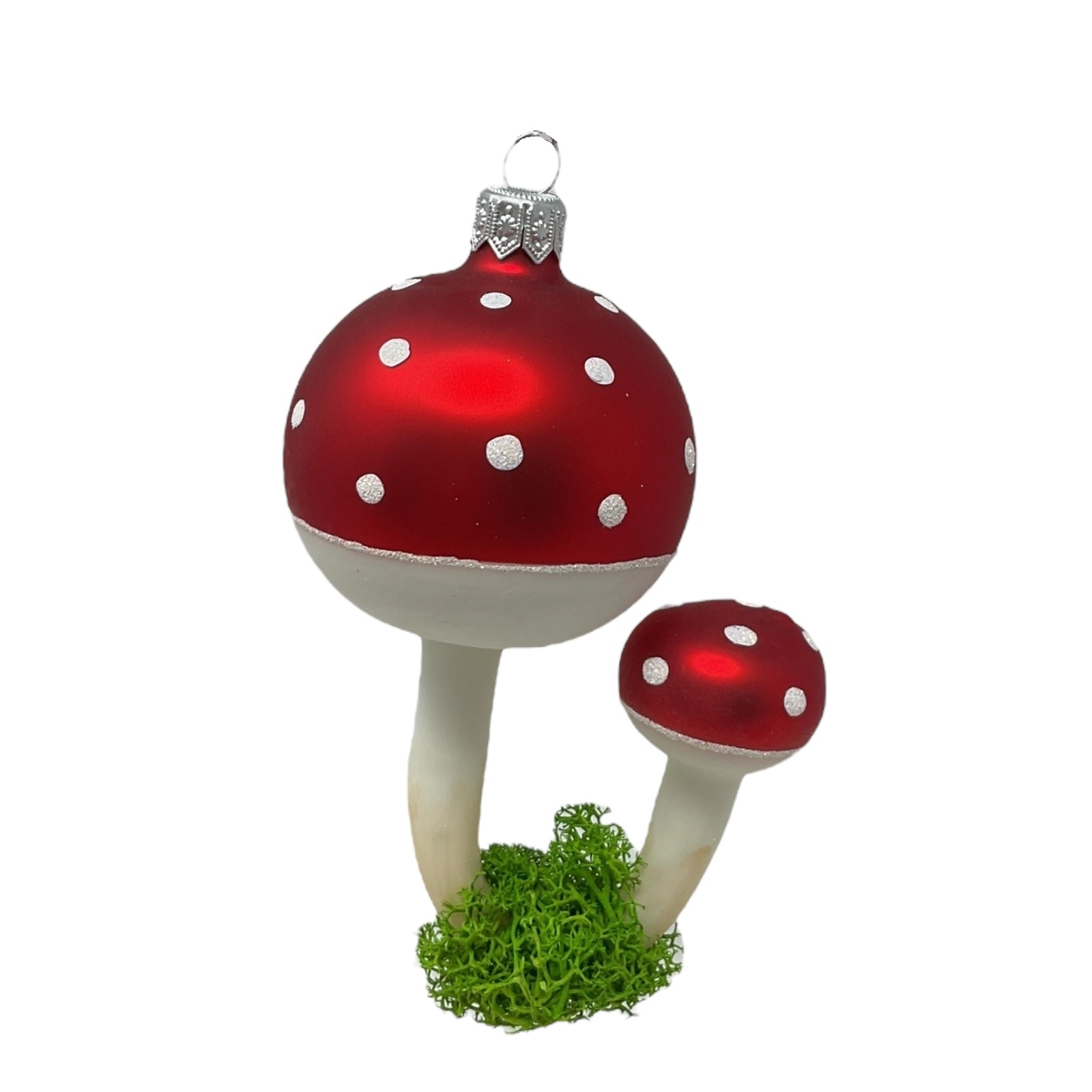 Pinnacle Peak Trading Company Pair of Red Toadstool Mushrooms with Moss Polish Glass Christmas Tree Ornament