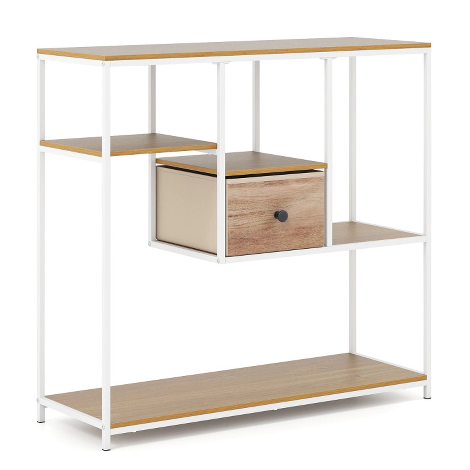 SUGIFT 4 Open Shelves Fabric Drawer Metal Frame Behind Sofa Console Table 40-in x 14-in x 38-in 88-lb Capacity Natural