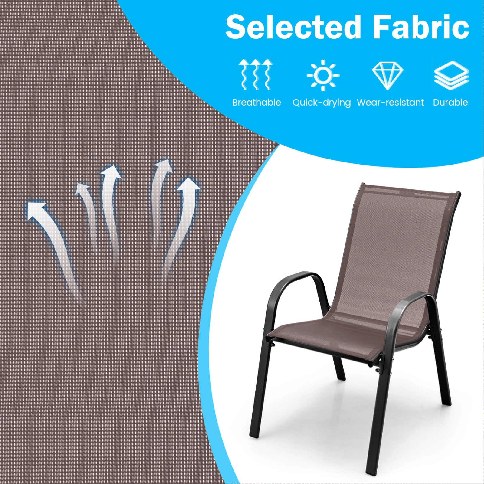 SUGIFT Set of 2 Stackable Patio Dining Chairs with Armrests 35.5-in Tall 330-lb Capacity Brown Fabric Gray Frame
