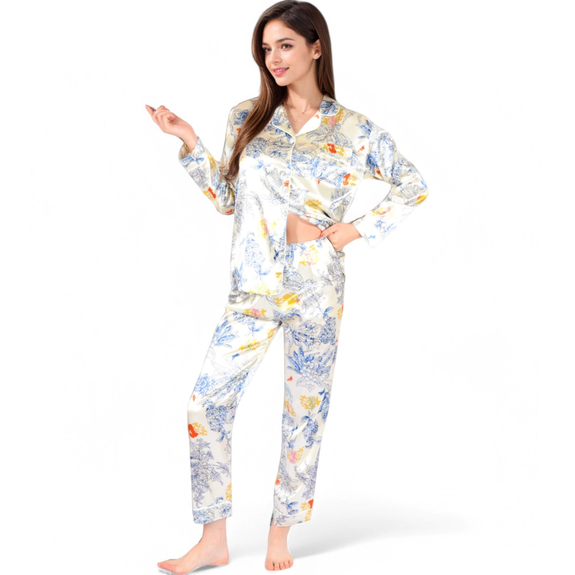 Anna-Kaci Women's Botanical Print Satin Pajama Set with Button Up Top and Long Pants