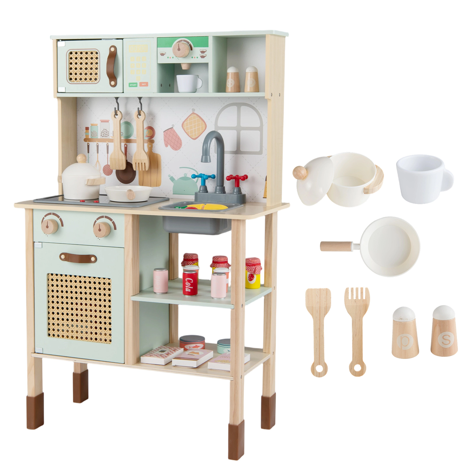 LJG Wooden Play Kitchen for Kids with Lights and Sounds Retro Style with Accessories