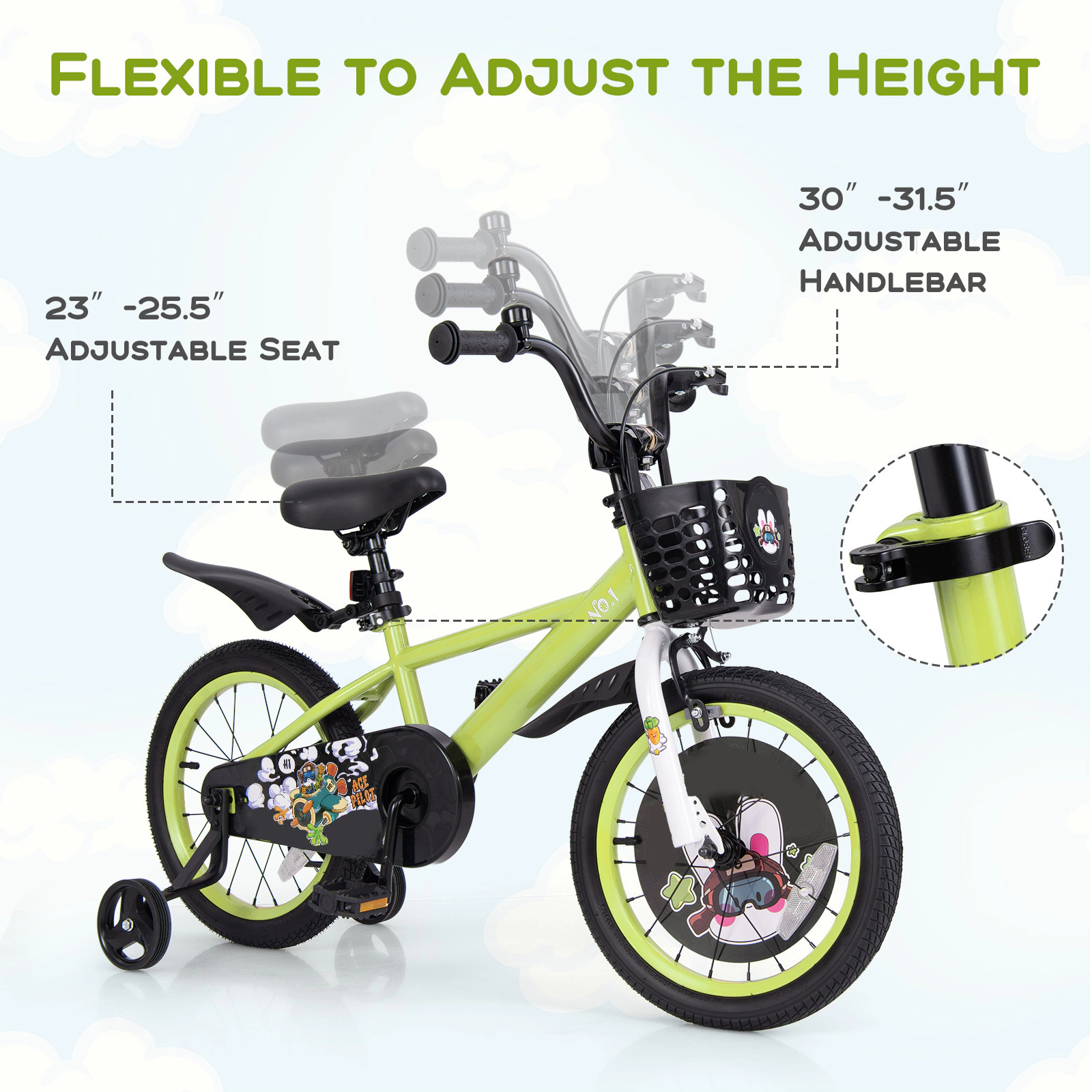 SUGIFT Adjustable 16-in Kids Bicycle with Hand Brake and Detachable Training Wheels 110-lb Seat Capacity Ages 4-7 Green