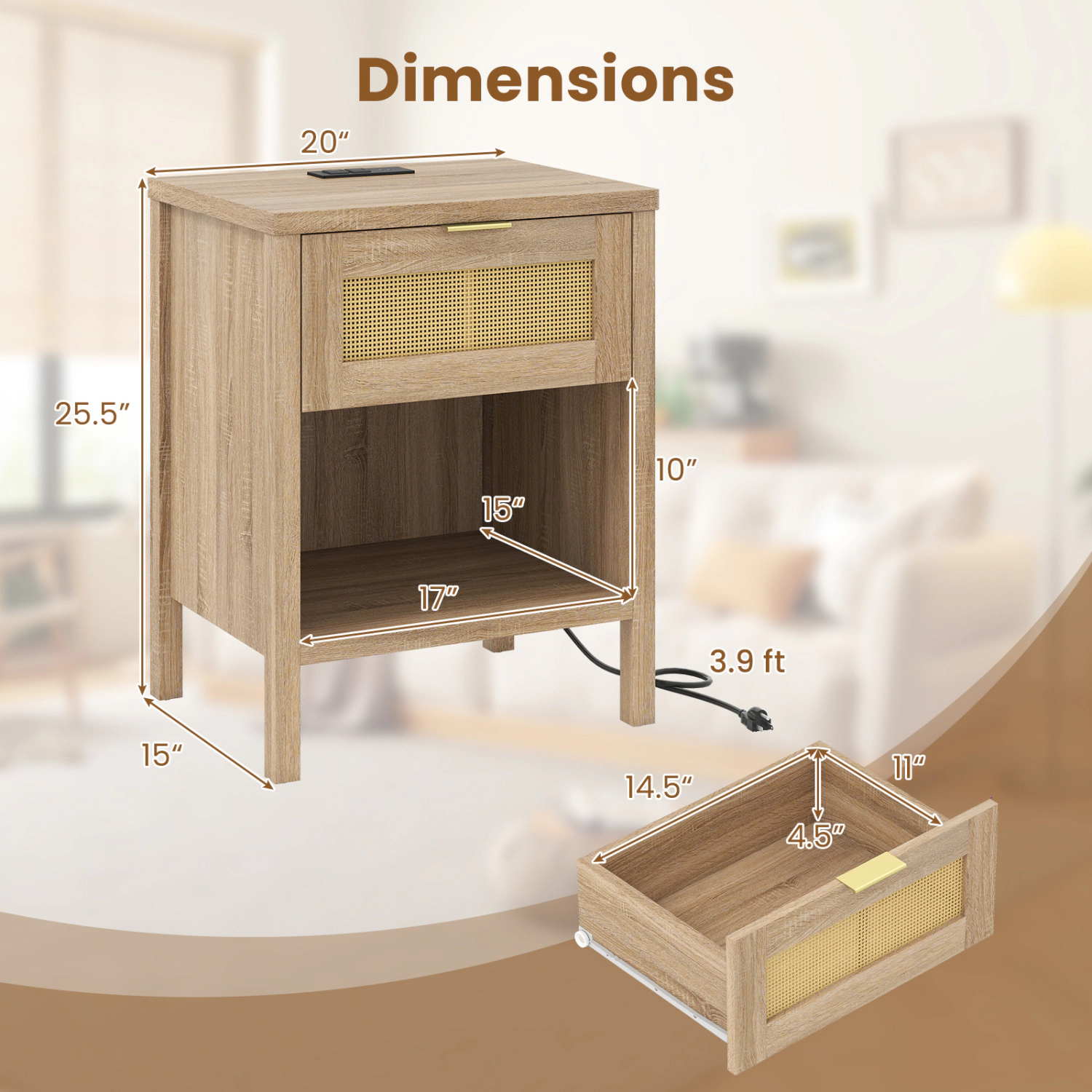 Hivvago Rattan Nightstand with Charging Station and Storage Shelf for Bedroom