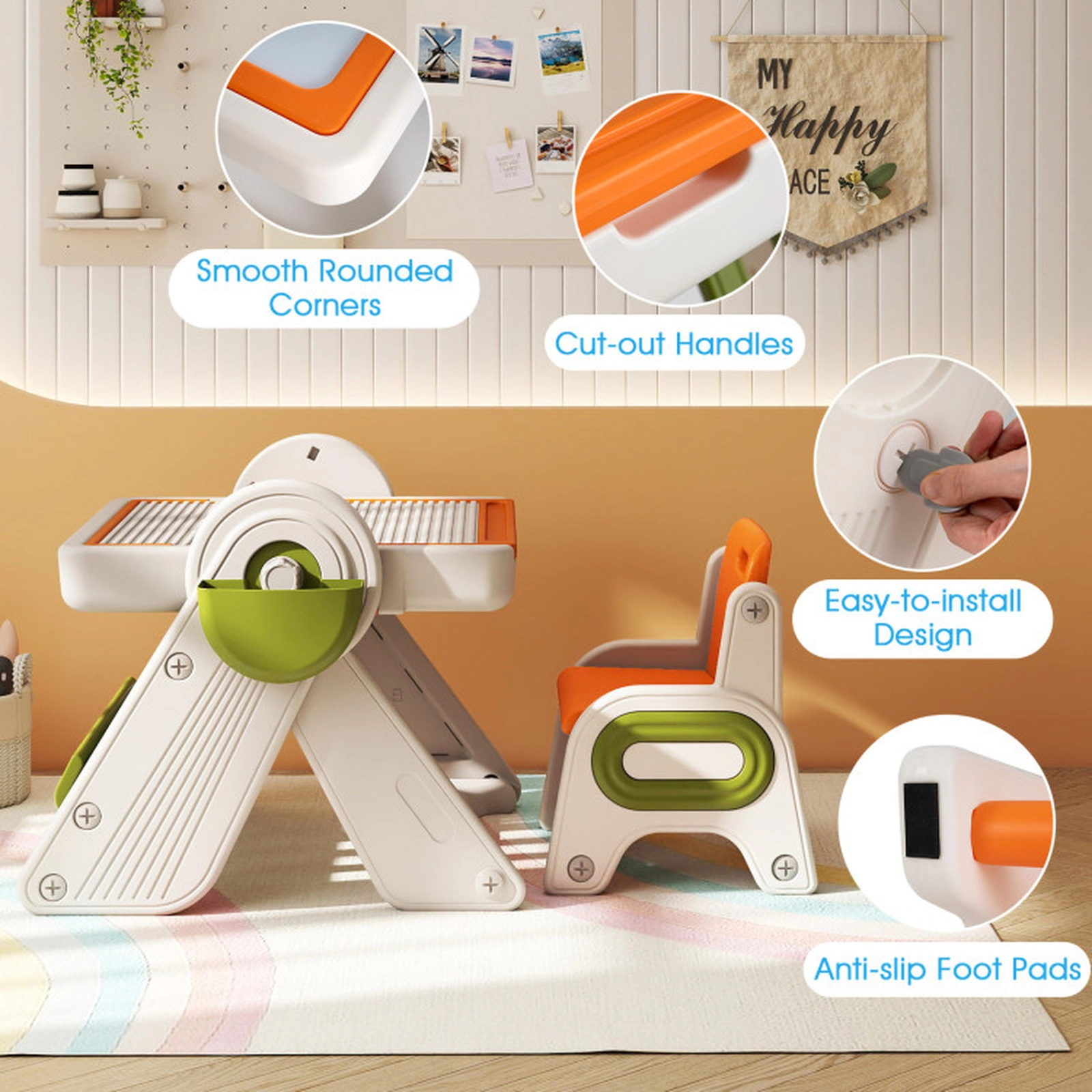 SUGIFT Orange Folding Art Easel and Storage Baskets Kids 6-in-1 Activity Table and Chair Set
