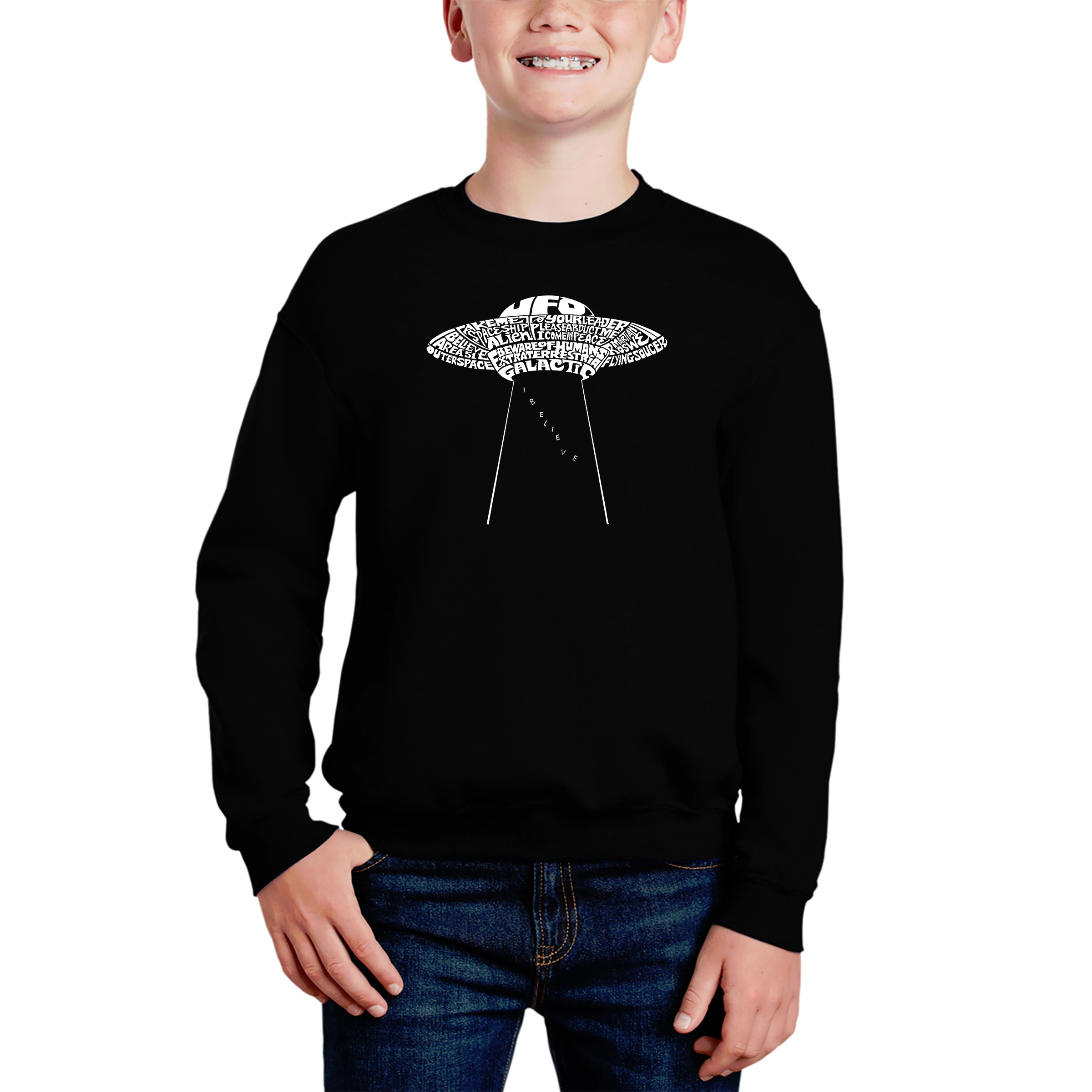 LA Pop Art Boy's Word Sweatshirt - Flying Saucer Ufo