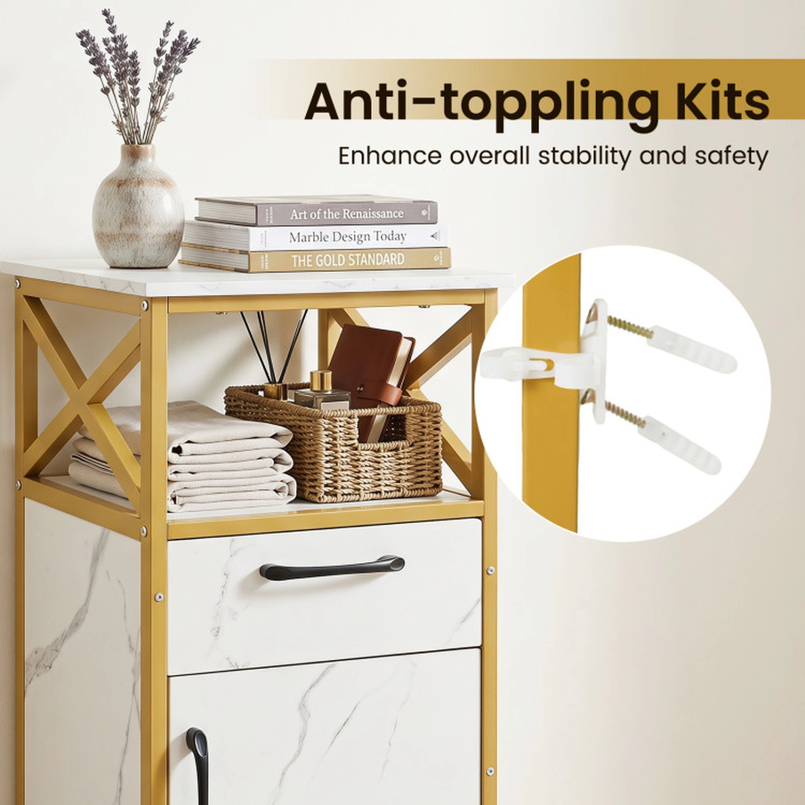 SUGIFT White and Golden Faux Marble 44-lb Top Bathroom Storage Cabinet with Drawer Single Door and Open Shelf
