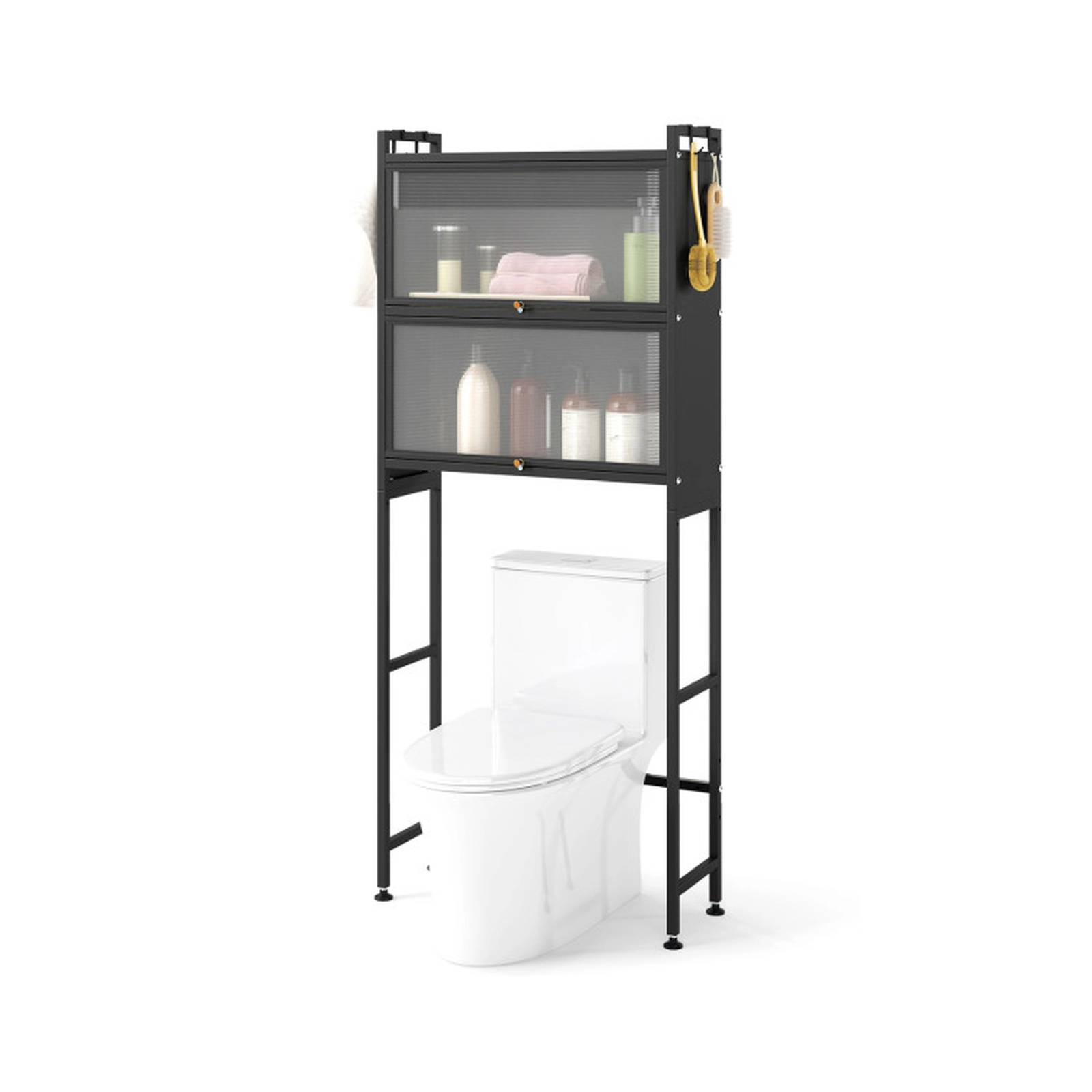 SUGIFT Over-the-Toilet Carbon Steel Bathroom Organizer with 2 Flip-Up Cabinets 33-lb Capacity Black