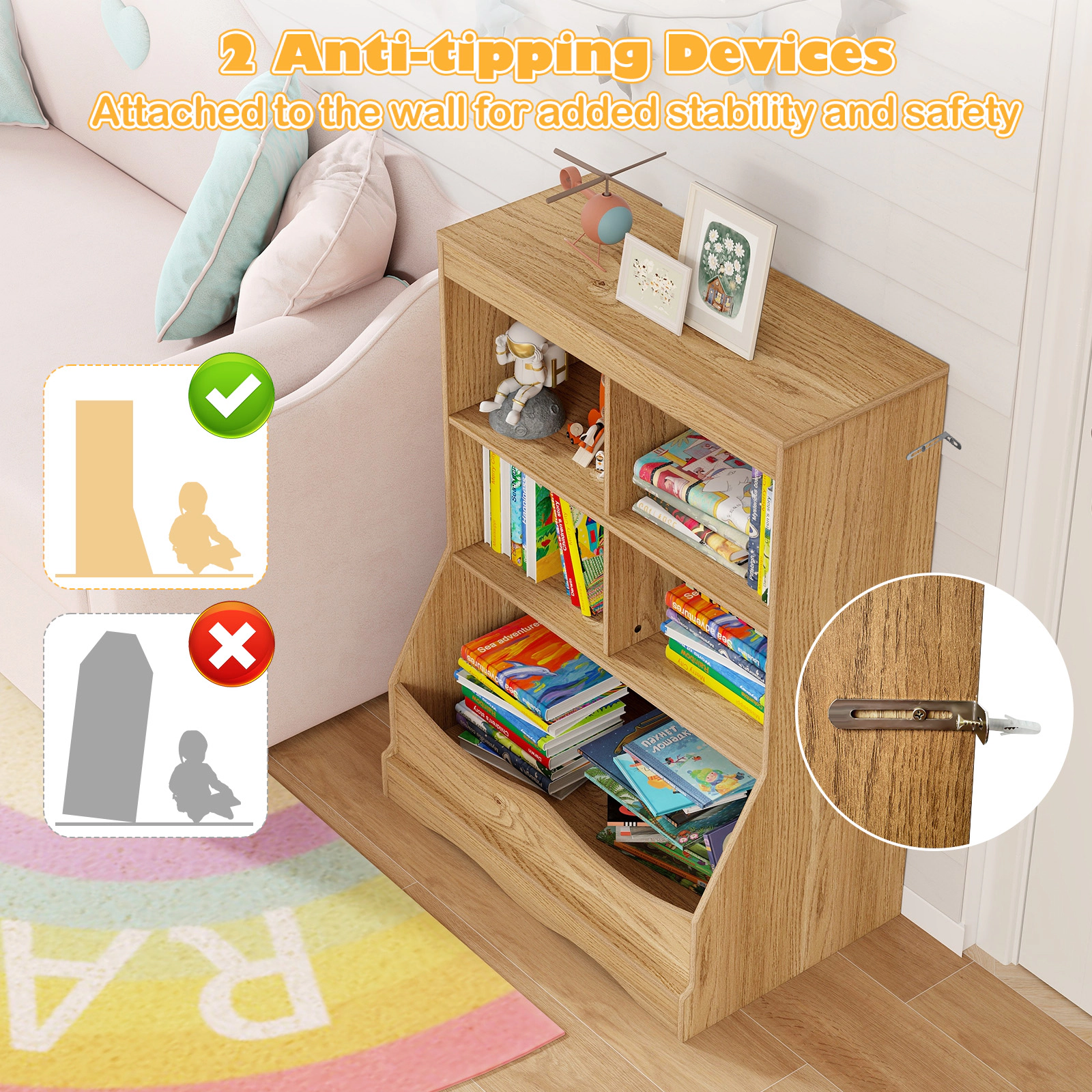 SUGIFT Kids 3-Tier Large Storage Bin 4 Cubbies Wooden Floor Bookcase 26.5-in x 16-in x 34.5-in 44-lb Bin Natural