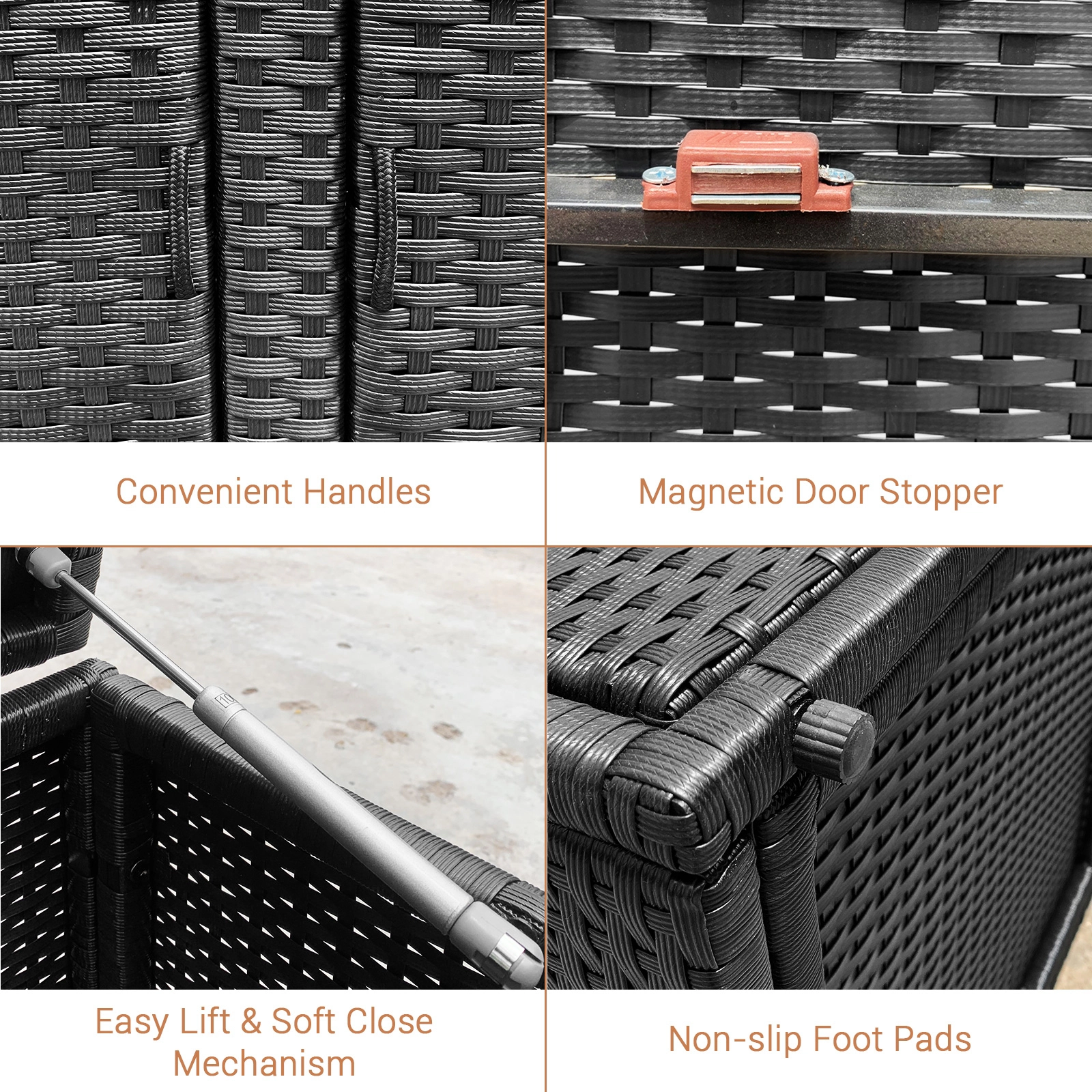 SUGIFT 88 Gallon Garden Patio Rattan Storage Box with Adjustable Feet and Shelf 110-lb Capacity Black