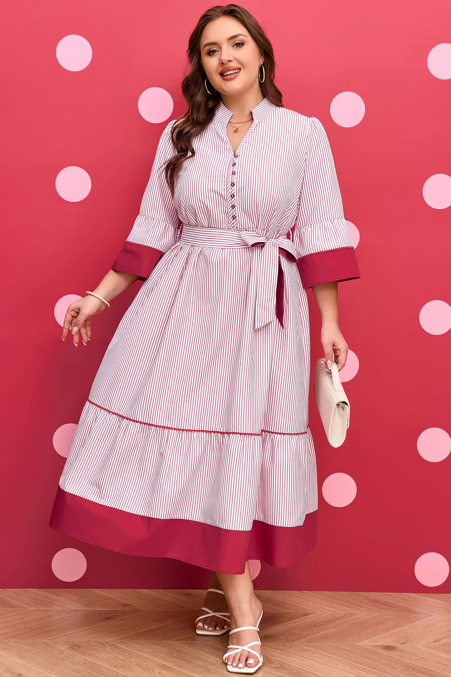 Threaded Pear Women's Charlee Hem Pinstriped Midi PLUS Dress