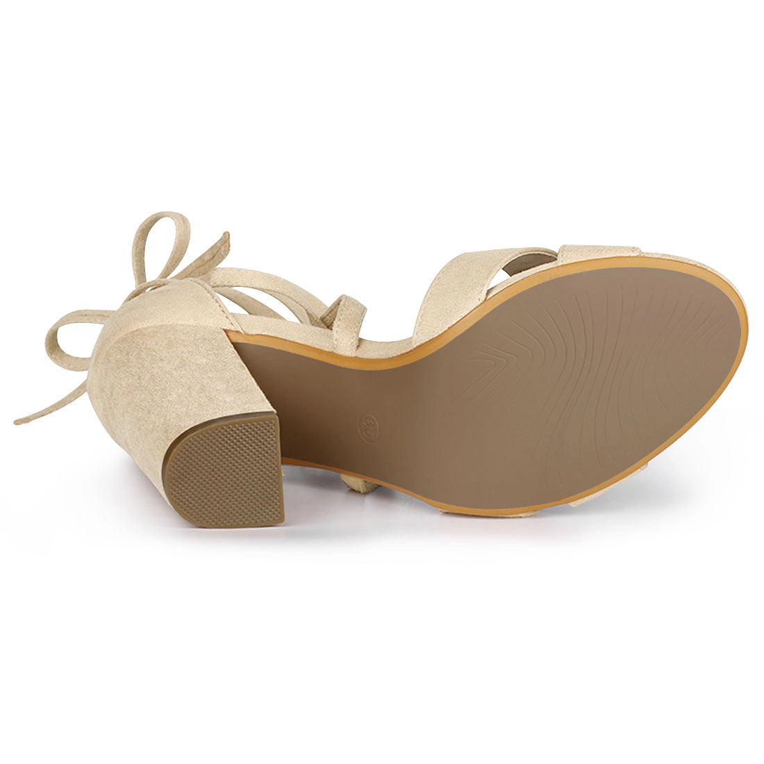 BLISSFUL STEP Women Faux Suede Cushioned Open Toe Block Heeled Lace Up Sandals