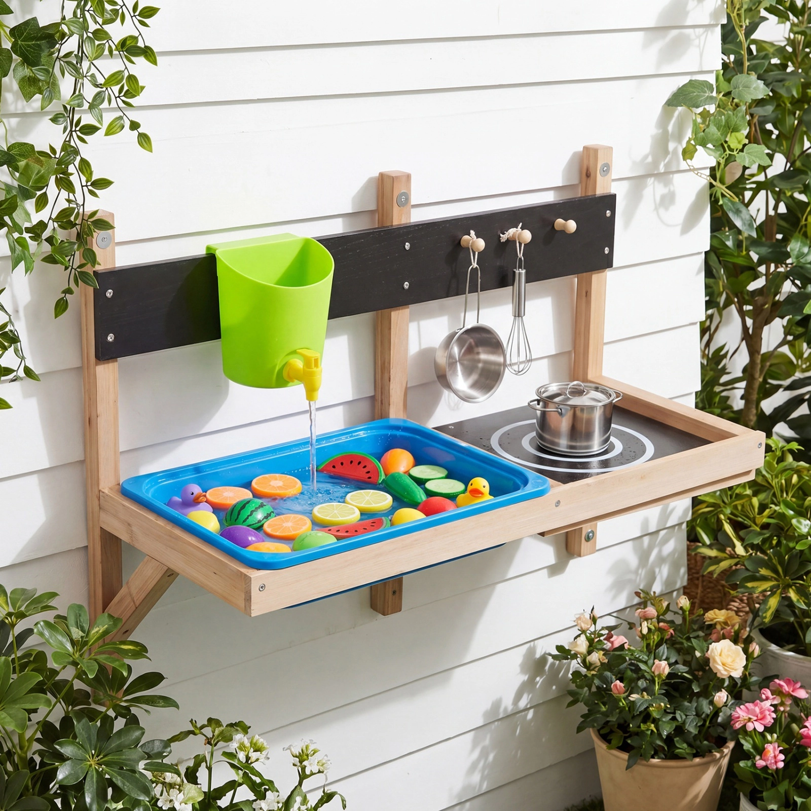 Wall Mounted Mud Kitchen for Kids Outdoor with Water Tank Faucet and 15.5-in Sink 31.5-in x 13.5-in x 22-in Fir Wood