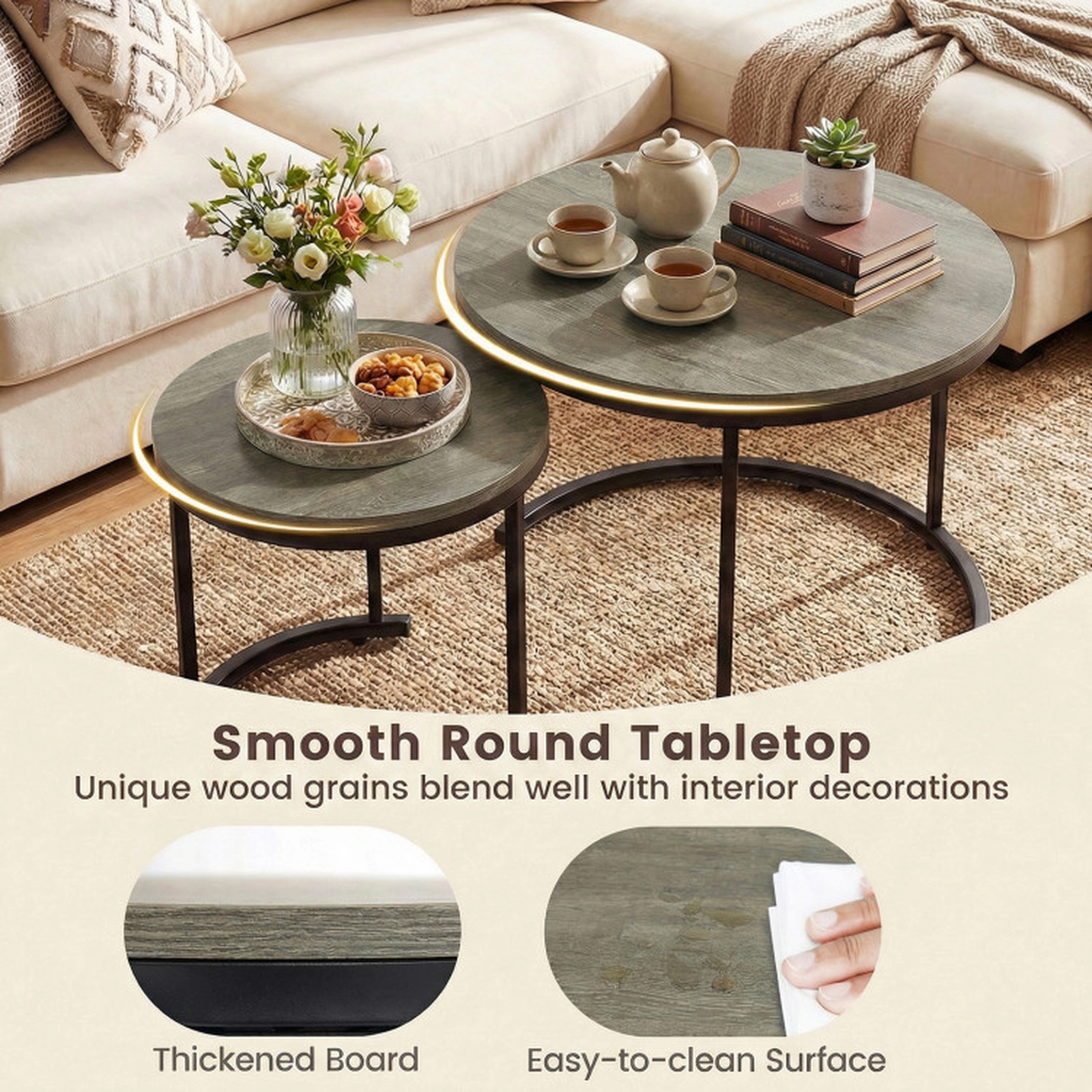 SUGIFT Set of 2 Modern Round Stacking Nesting Coffee Tables with MDF Top and Steel Frame 24-in Table Rustic Brown/Brown