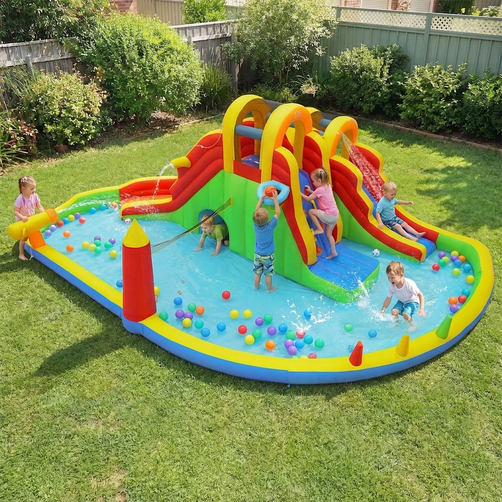 SUGIFT 2 Long Slides Climbing Walls and Ball Games No Blower 8-in-1 Kids Giant Bounce House