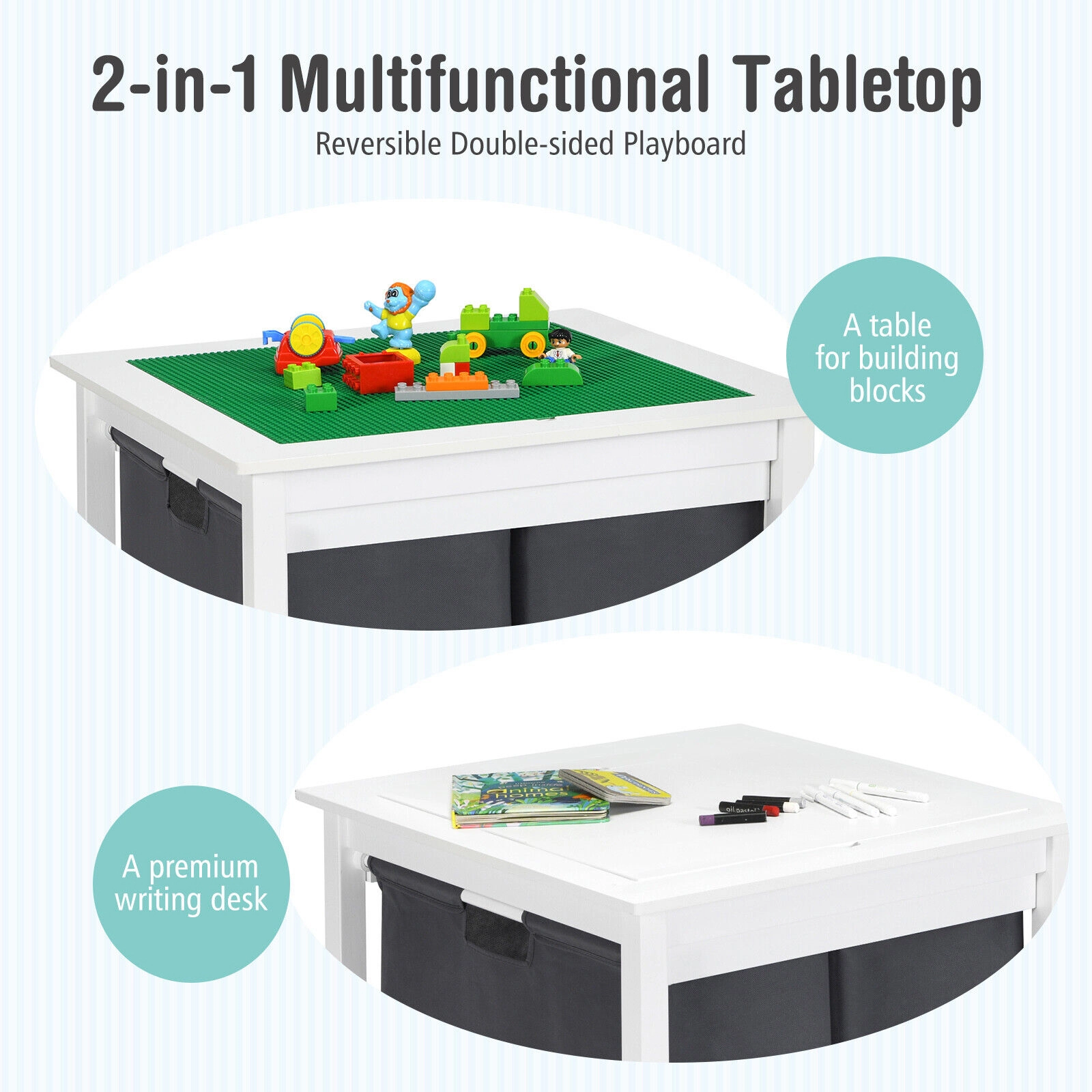 SUGIFT White 2 Fabric Drawers Kids 2-in-1 Double-Sided Activity Building Block Table