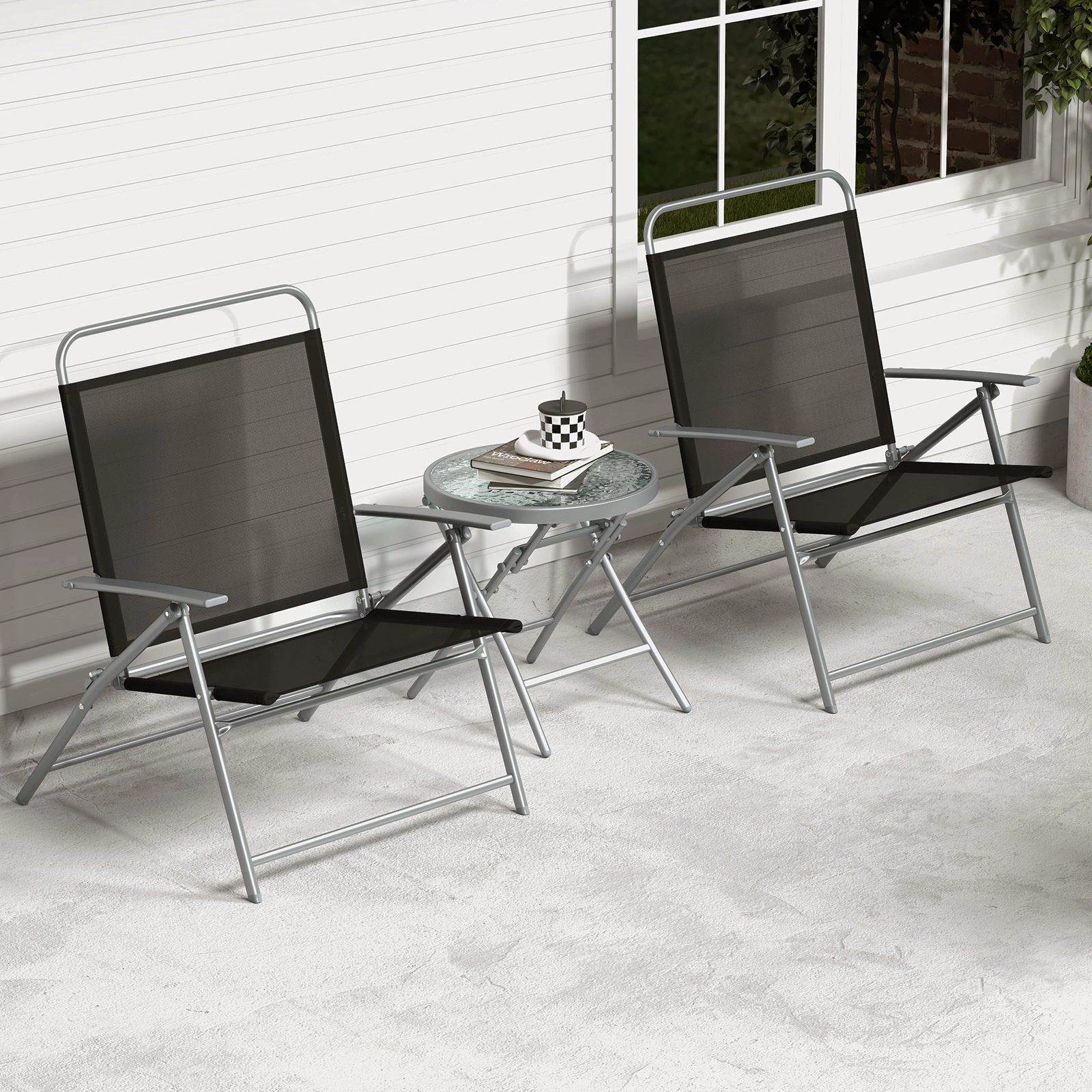 SUGIFT 3-Piece Patio Folding Metal Conversation Set with 27.5-in Chair Seat Depth 330-lb Chair Capacity Black Silver